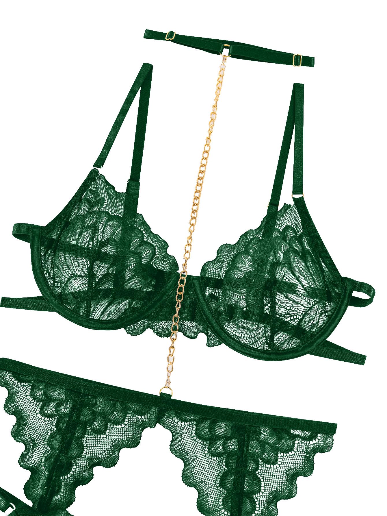 Lilosy Sexy Choker Floral Lace Underwire Push Up Garter Belt Lingerie Set for Women Sheer Bra and Panty 3 Piece: Small Chain Army Green
