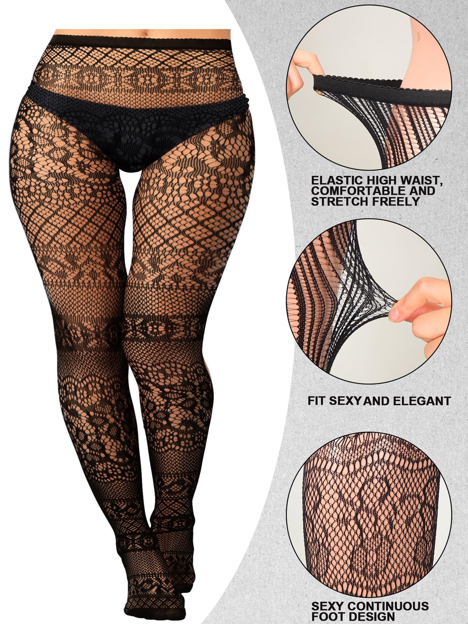 Skylety 6 Pairs Women Plus Size Fishnet Suspender Pantyhose Thigh High Stocking Garter Belt Lingerie Tights for Women L-XXXL: Fantasy Black XX-Large-3X-Large
