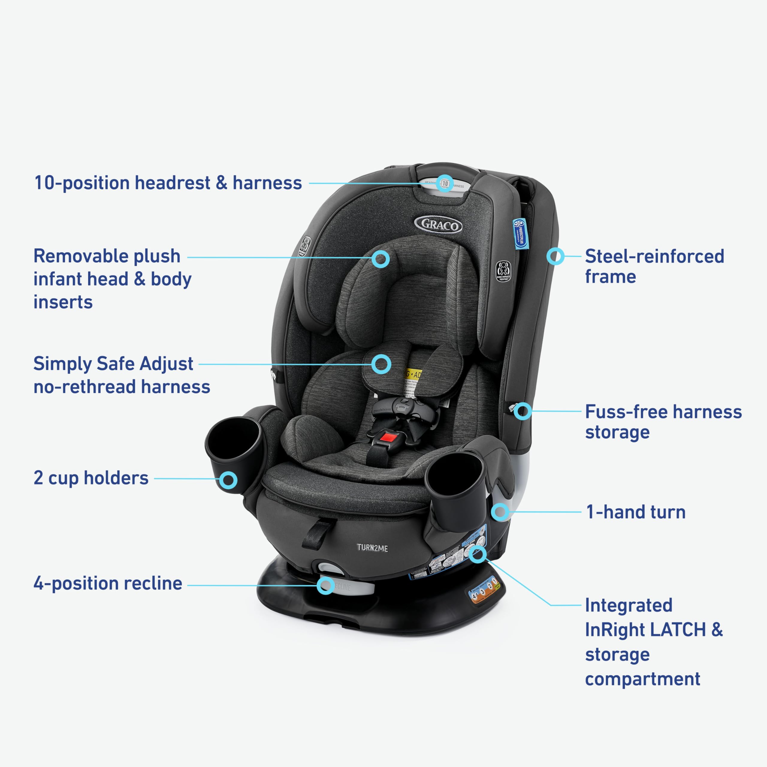 Graco Turn2Me 3-in-1 Convertible Car Seat, Rotating Seat feature, with Rear-Facing, Forward-Facing and Highback Booster options in Cambridge: Graco Turn2Me 3-in-1 Car Seat with Rotating Feature, Highback Booster, for Newborn to Toddler up to 100lbs, in Manchester
