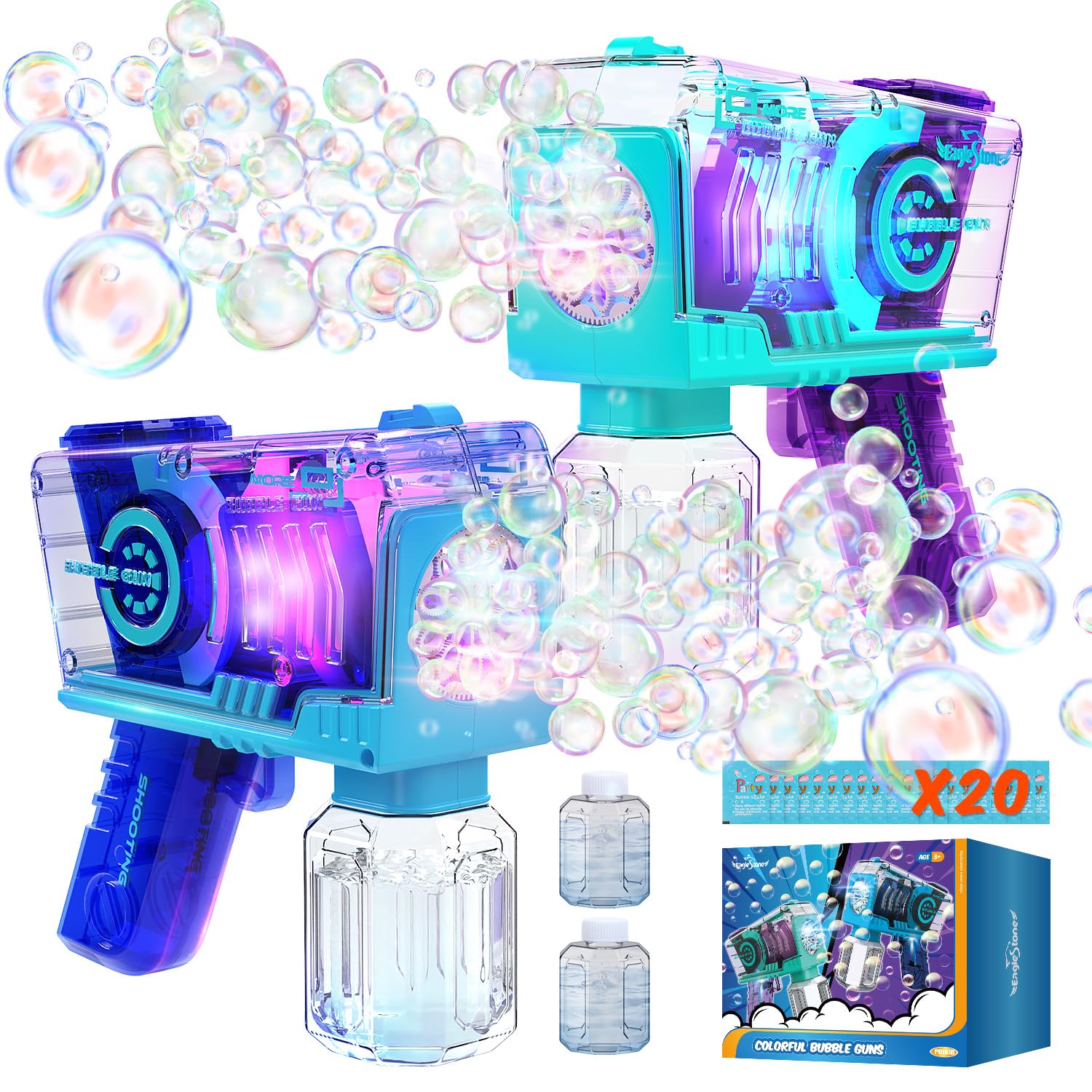 Eaglestone Bubble Gun for Kids 2 Packs, Automatic Bubble Machine, 10-Hole Bubbles Wands Blaster for Toddlers with LED Lights & Solution, Easter, Party Favor, Outdoor Game Toys for Boys & Girls Ages 3+