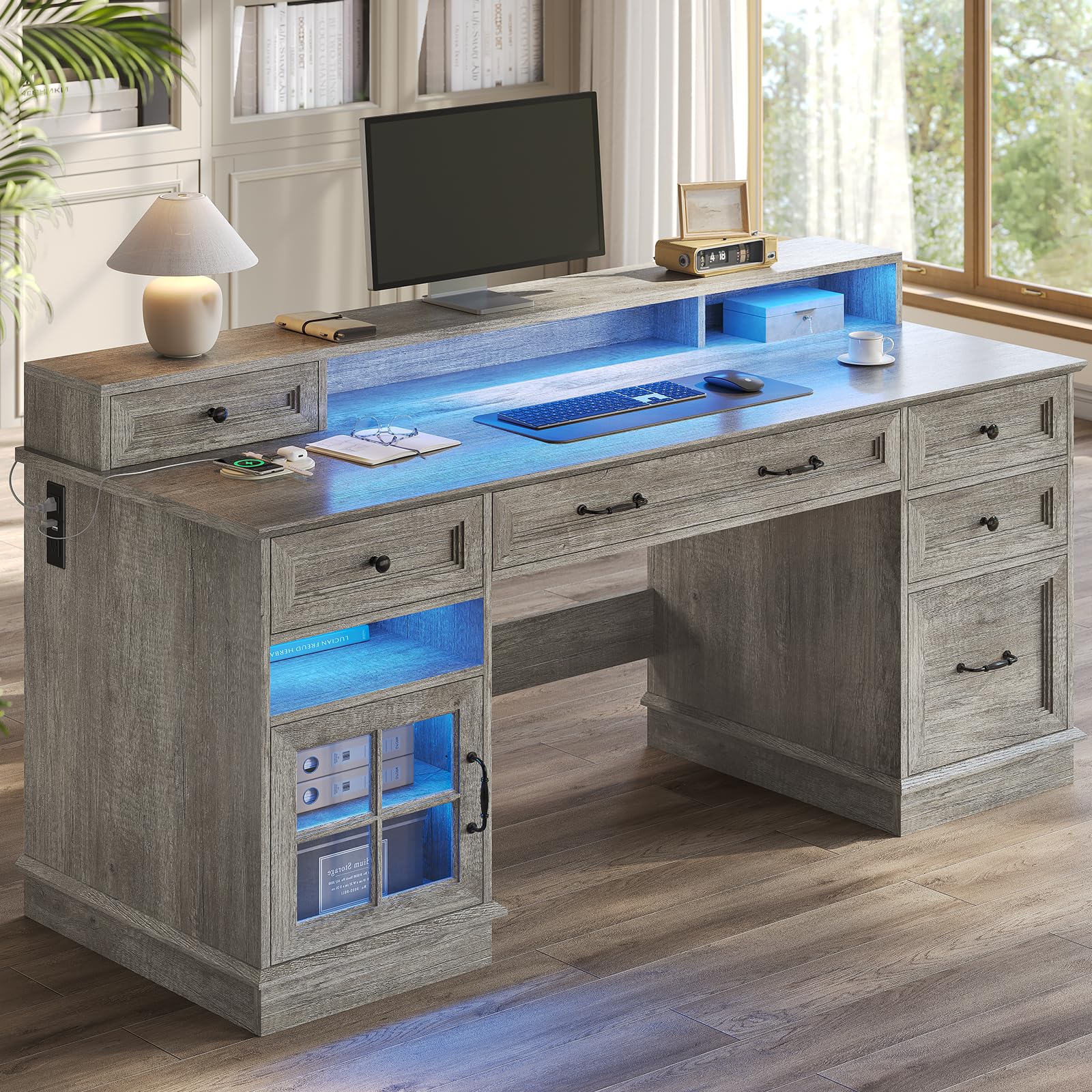HAUOMS Farmhouse Executive Desk with Drawers Computer Desk with File Drawers, Power Outlet and Led Lights, Executive Office Desk with Storage Cabinet and Monitor Shelf for Home Office,