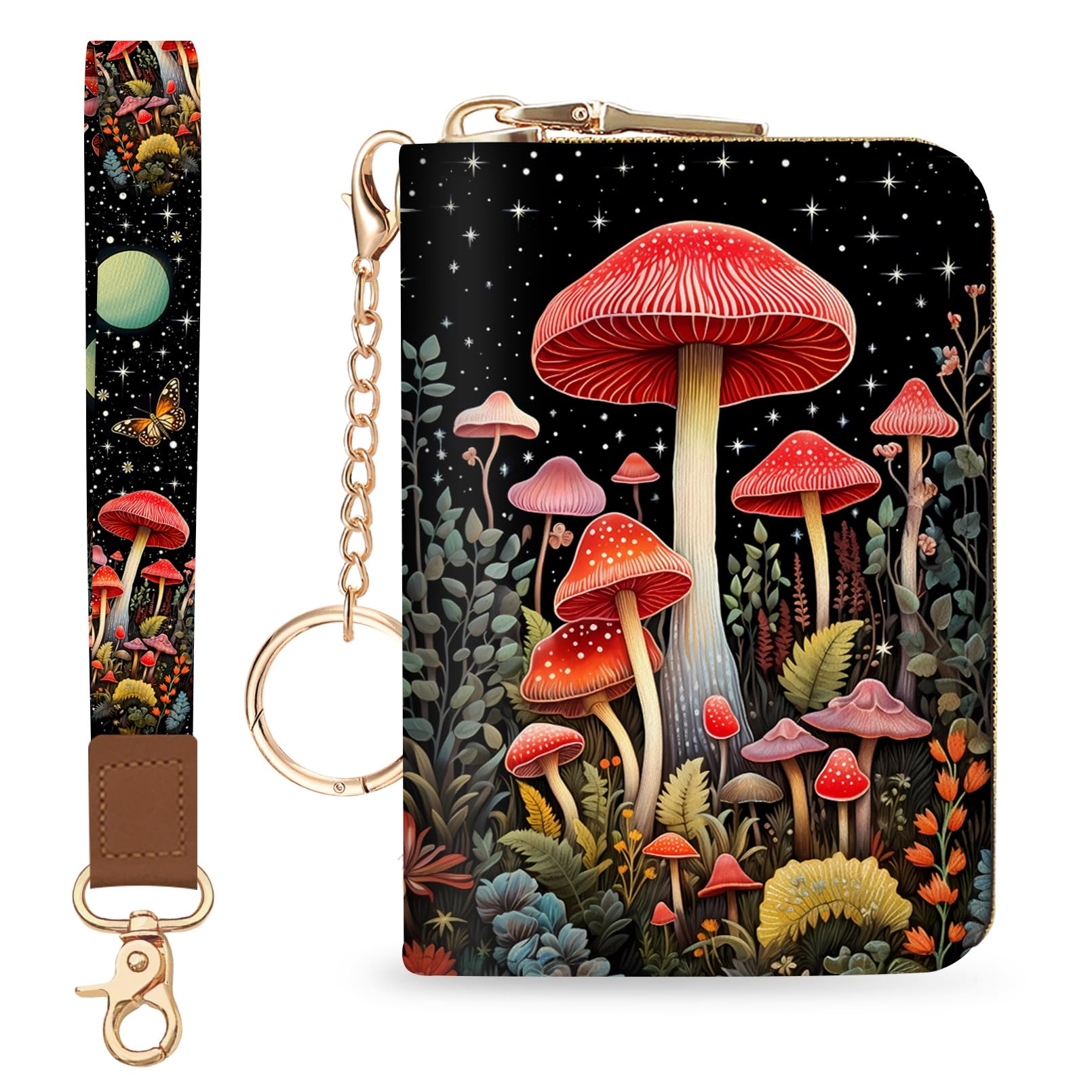 Blusabaca  Credit Card Holder for Women, Gothic Floral Small RFID Wallet with Zipper, Card Keychain Wallet, Leather Wallet Card Case, Business Accordion Wallet Gift: Wristlet Mushroom