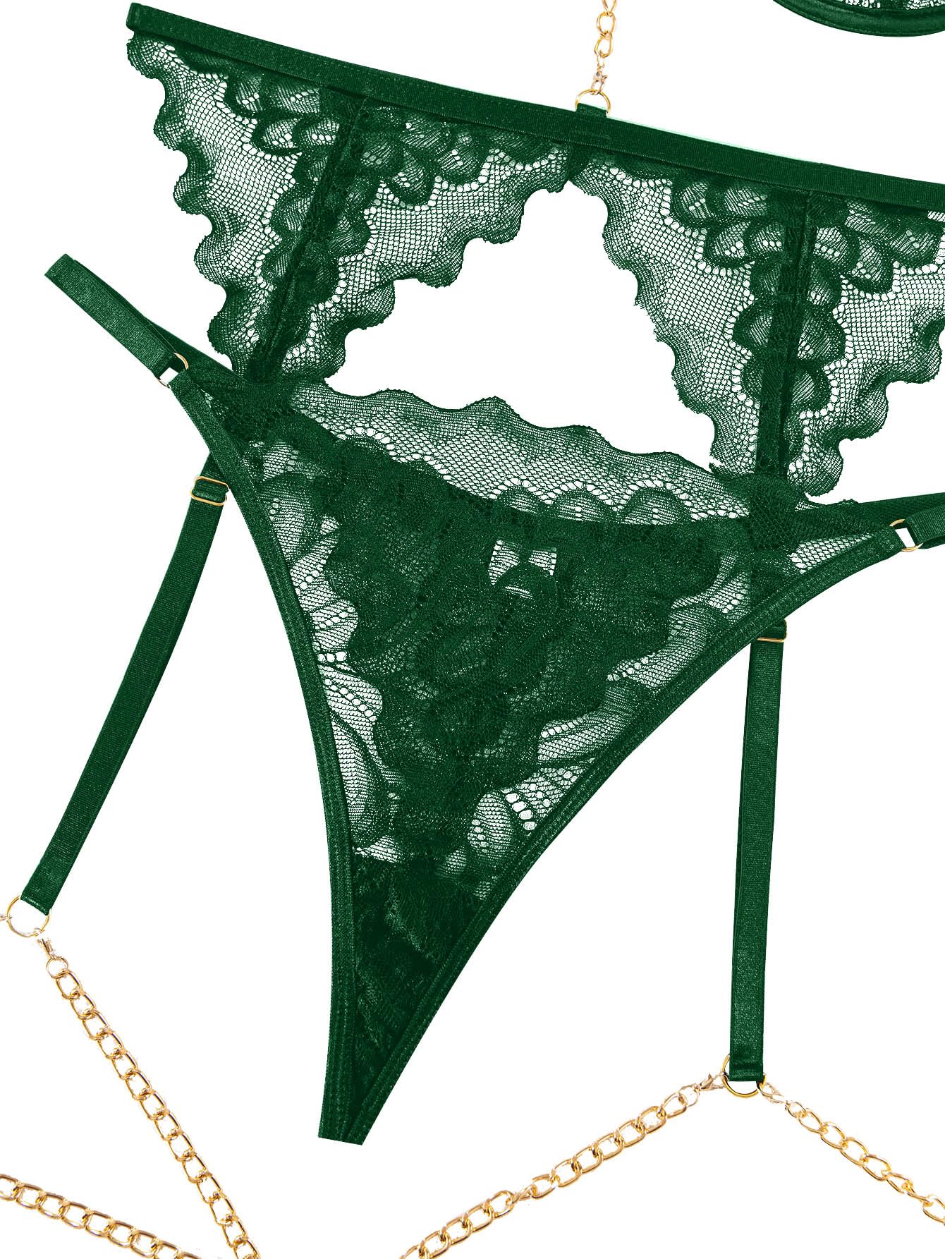 Lilosy Sexy Choker Floral Lace Underwire Push Up Garter Belt Lingerie Set for Women Sheer Bra and Panty 3 Piece: Small Chain Army Green