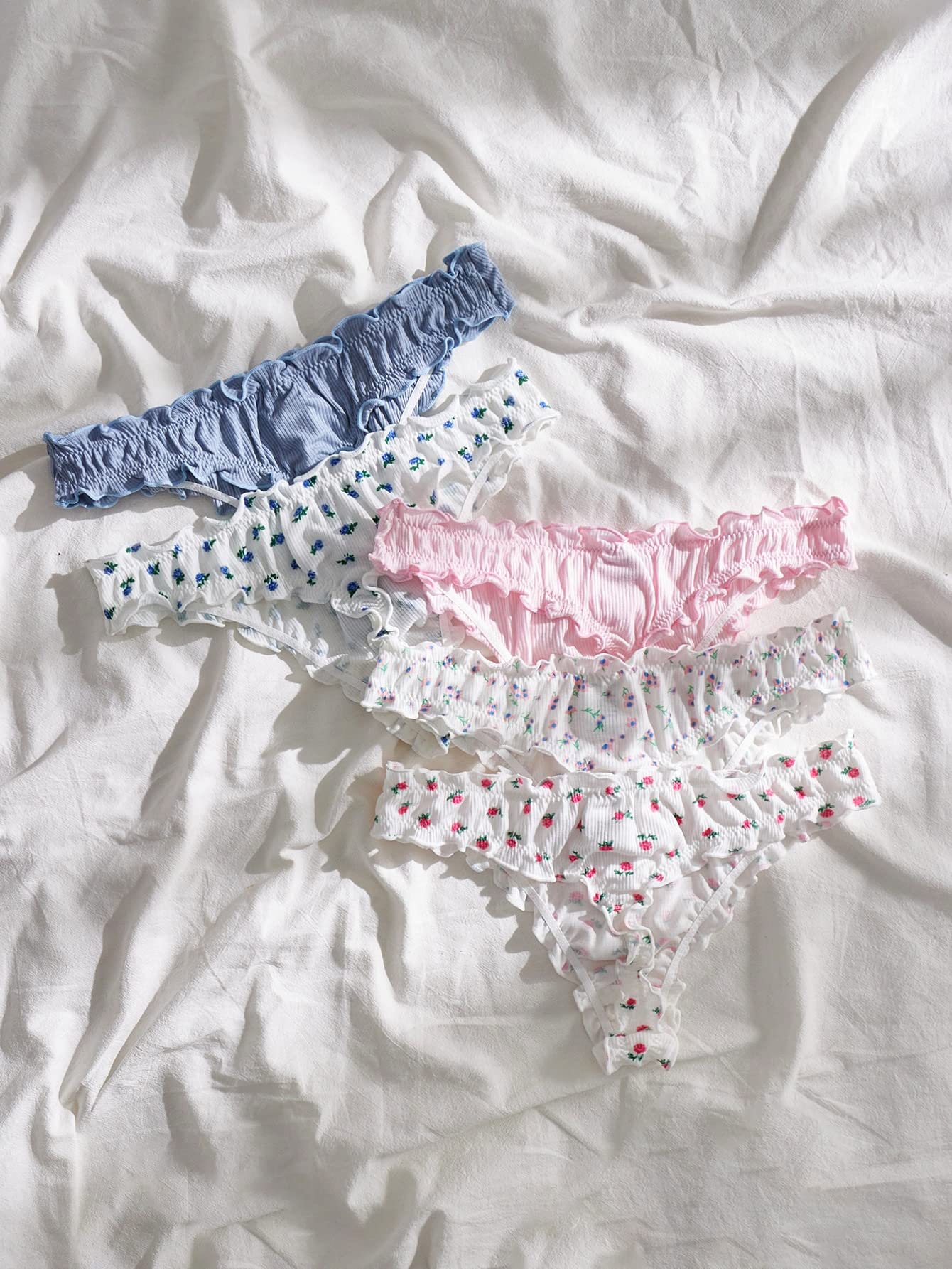 COZYEASE Women's 5 Piece Sets Floral Print Lettuce Trim Low Rise Panty Cute Underwear: Small Multicolor