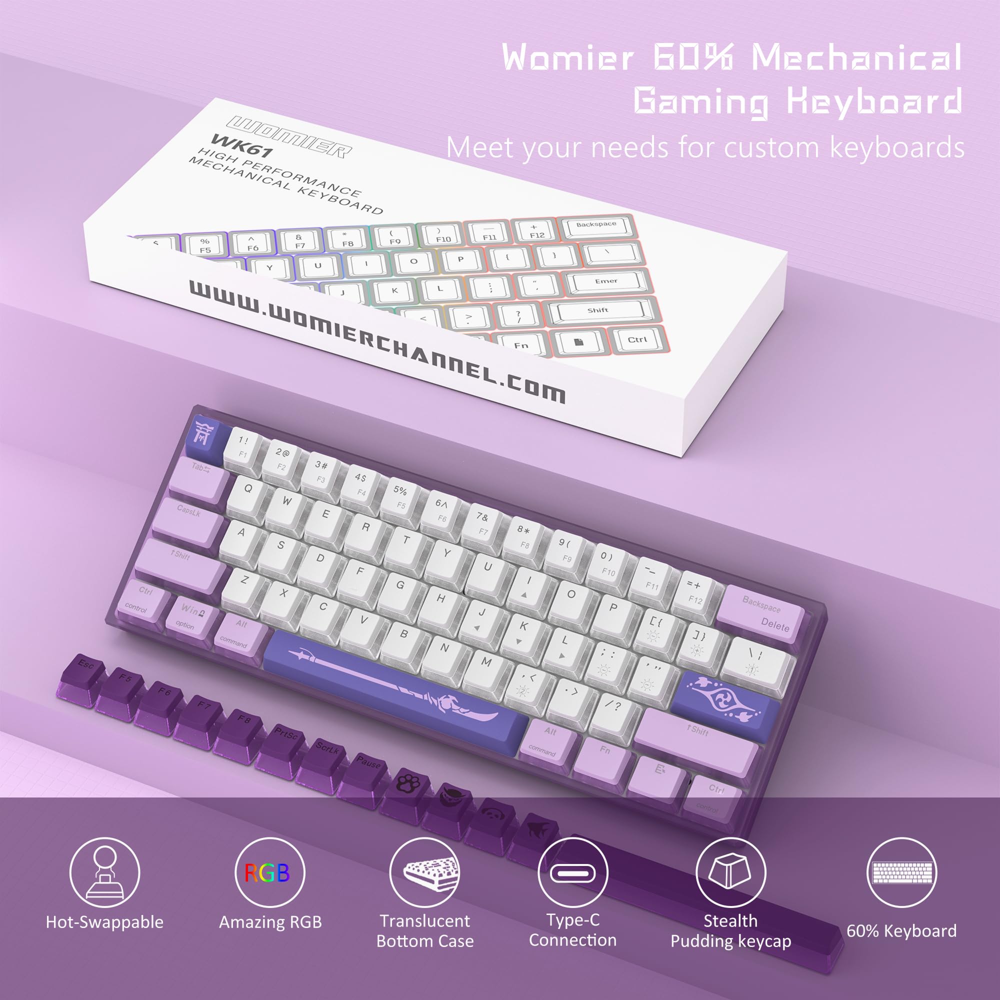 Womier 60% Percent Keyboard,WK61 Mechanical RGB Wired Gaming Keyboard,Hot-Swappable Creamy Key Board with PBT Keycaps,Linear Red Switch for Windows/MAC (): Purple