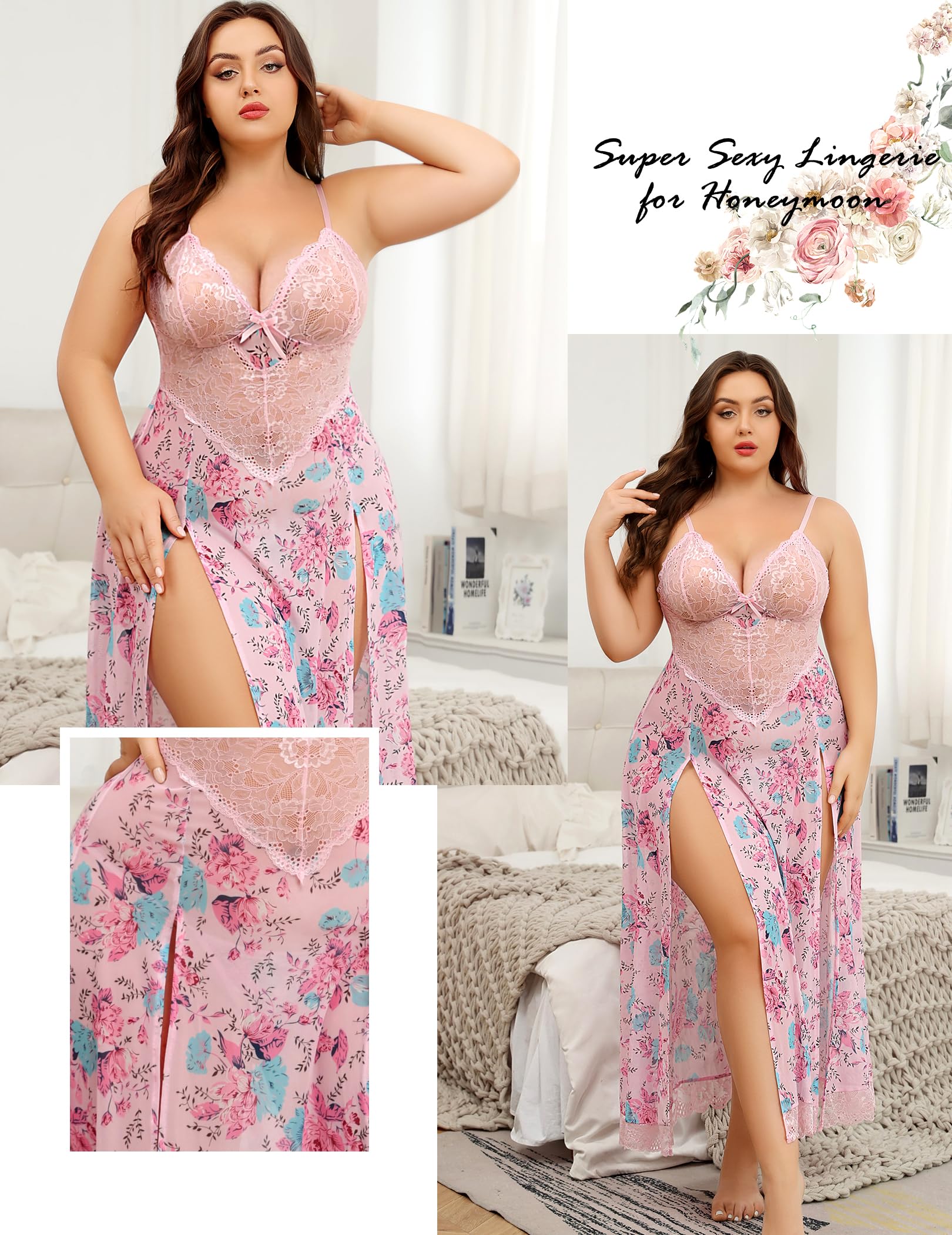 Avidlove Plus Size Lingerie for Women Sexy Lace Babydoll Long Lingerie Dress Side Split Nightgown: Avidlove Plus Size Lingerie for Women Lace Babydoll Sexy Mesh Nightdress Side Split Nightgown Long Maxi Dress