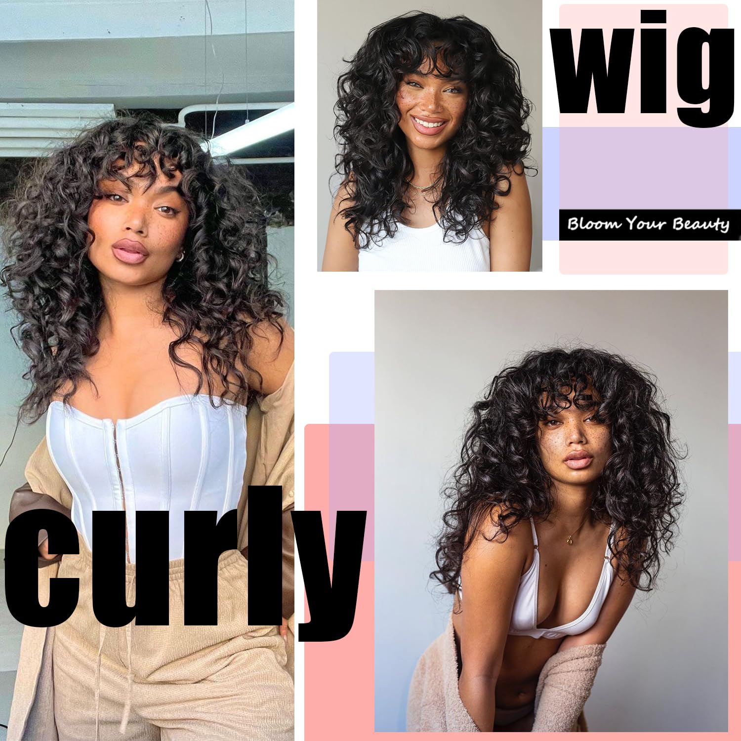 GKtineke Curly Wig with Bangs, 20 Inch, , Synthetic Hair, Heat Resistant, Modern Style, Female, 22.5 Inch Cap Size, Curly Wig with Bangs for White & Black Women, Cosplay & Daily Use: black