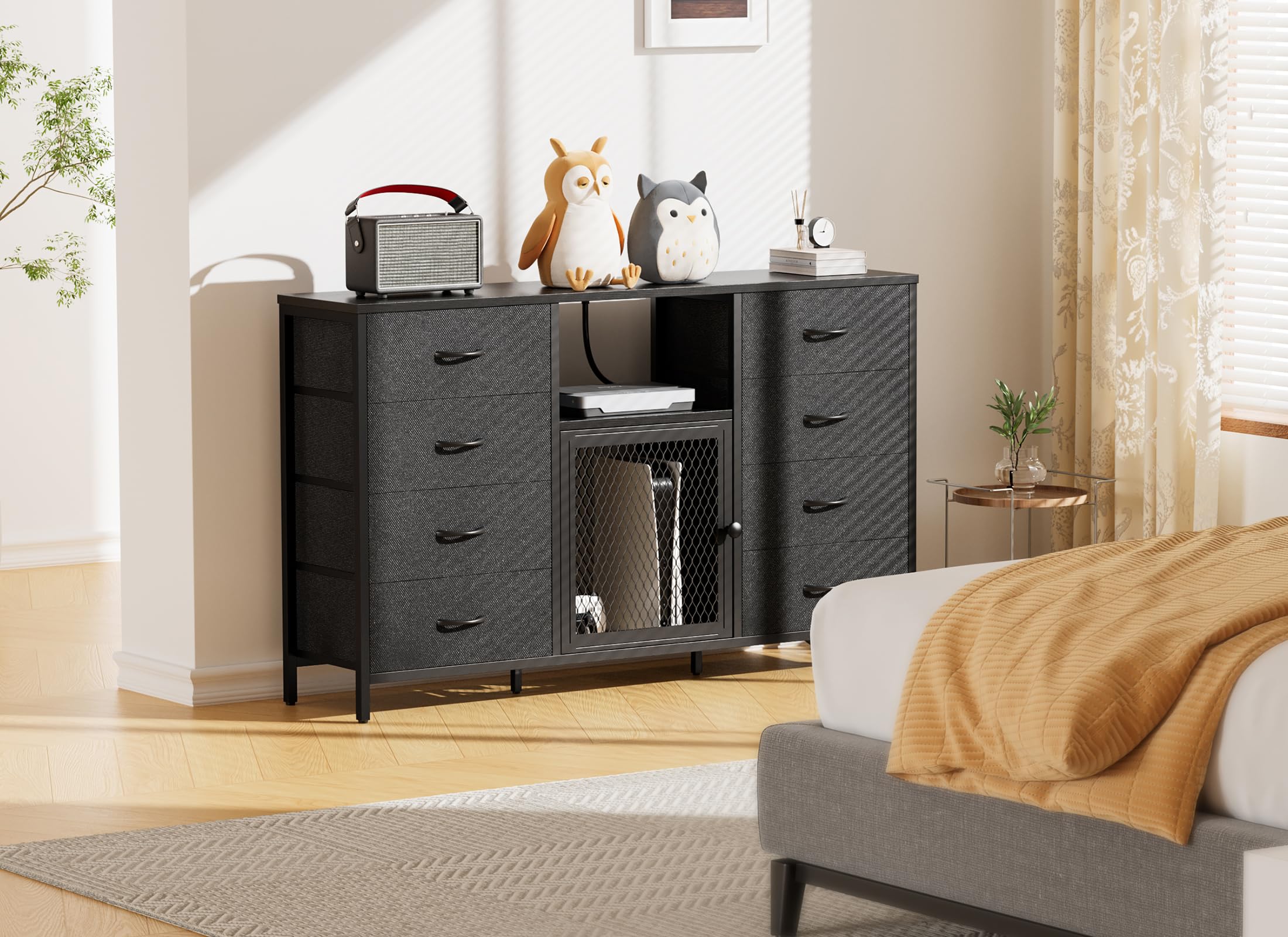 Decofy Dresser for Bedroom with LED Lights and Power Outlets, 8 Drawers TV Stand Dresser for 65 Inch TV, Fabric Chest of Drawers with Open Shelves,  Dressers for Bedroom, Closet: Black