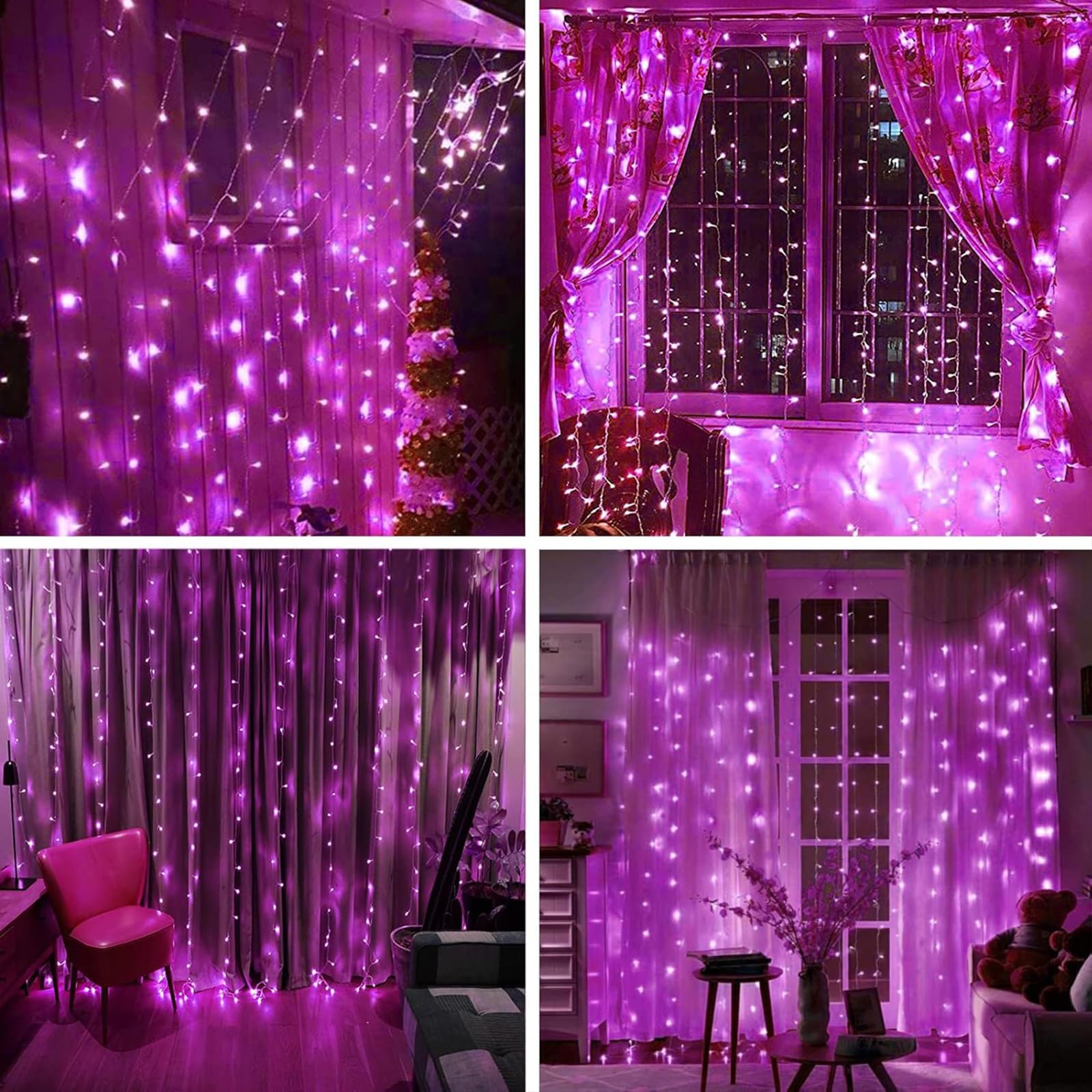 XINXIANLIAN 300LED Solar Curtain Lights Outdoor Indoor 8 Modes Solar Fairy Curtain String Lights Waterproof Twinkle Lights for Home Garden Patio Gazebo(): Pink
