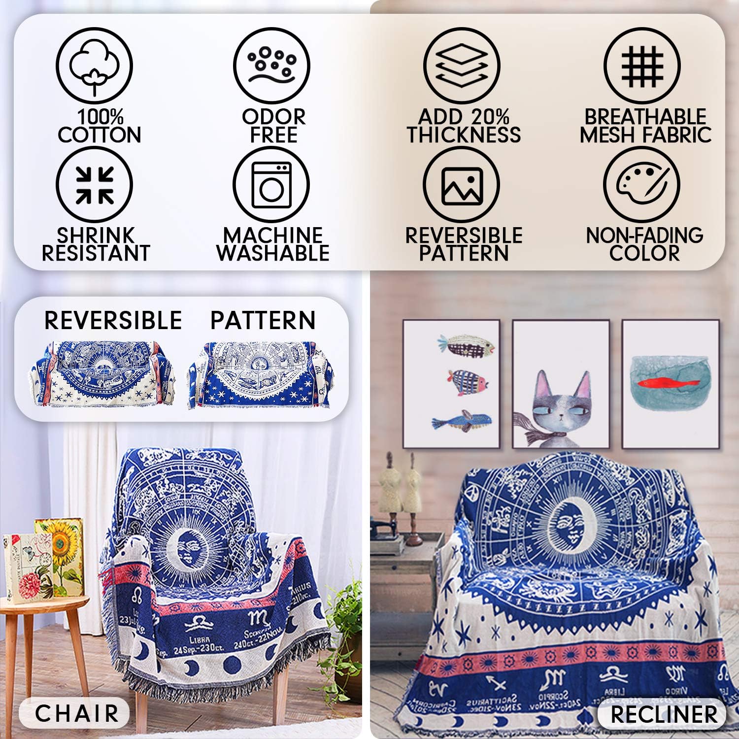 MayNest Bohemian Woven Cotton Throw Blanket - Reversible Sofa Cover for Couch, Bed, or Chair, Astrology Decor (Yellow, 71x51): Blue S (L71" x W51")