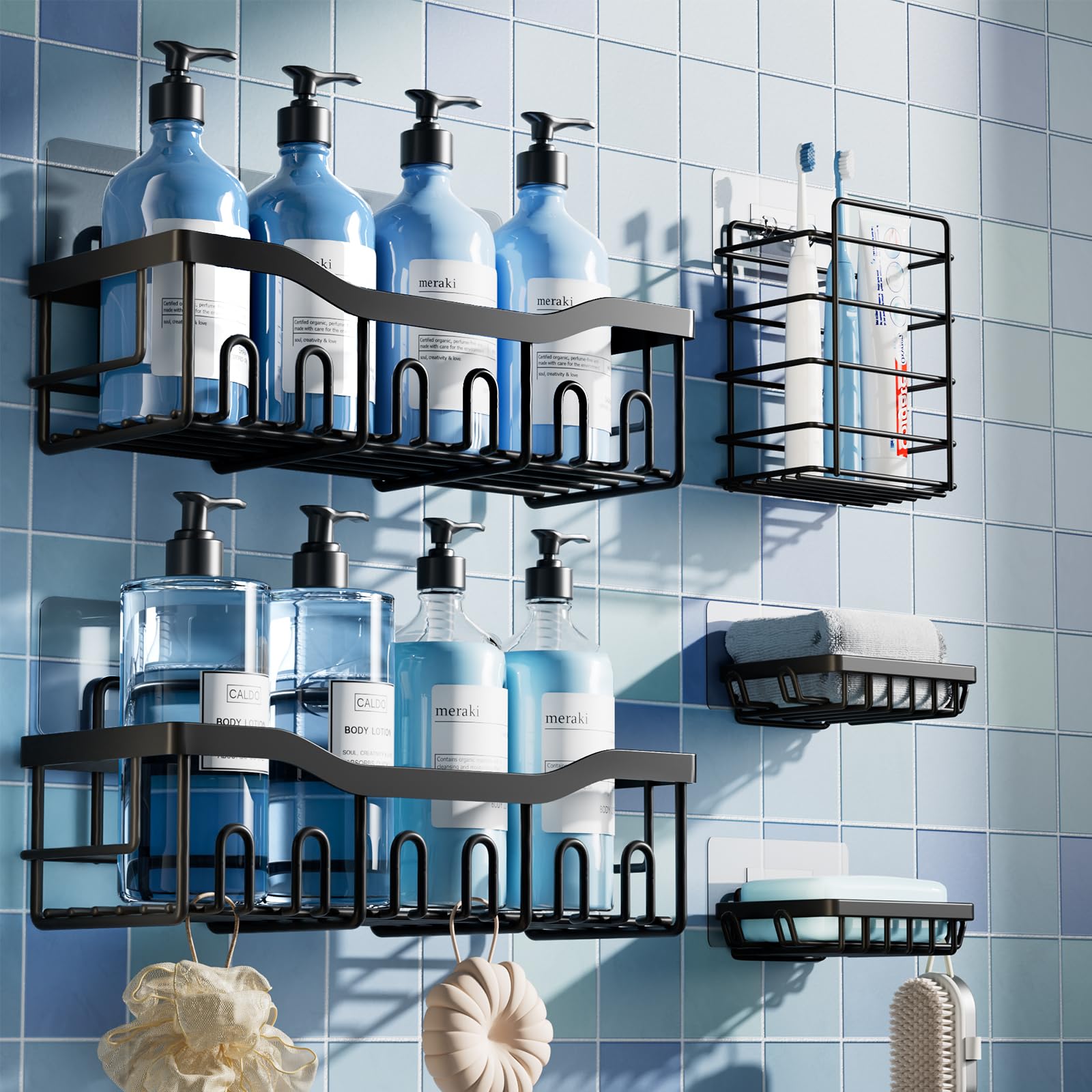 Adhesive Shower Caddy, 5 Pack Rustproof Stainless Steel Bath Organizers With Large Capacity, No Drilling Shelves for Bathroom Storage & Home Decor: upgrade-5-piece set Black