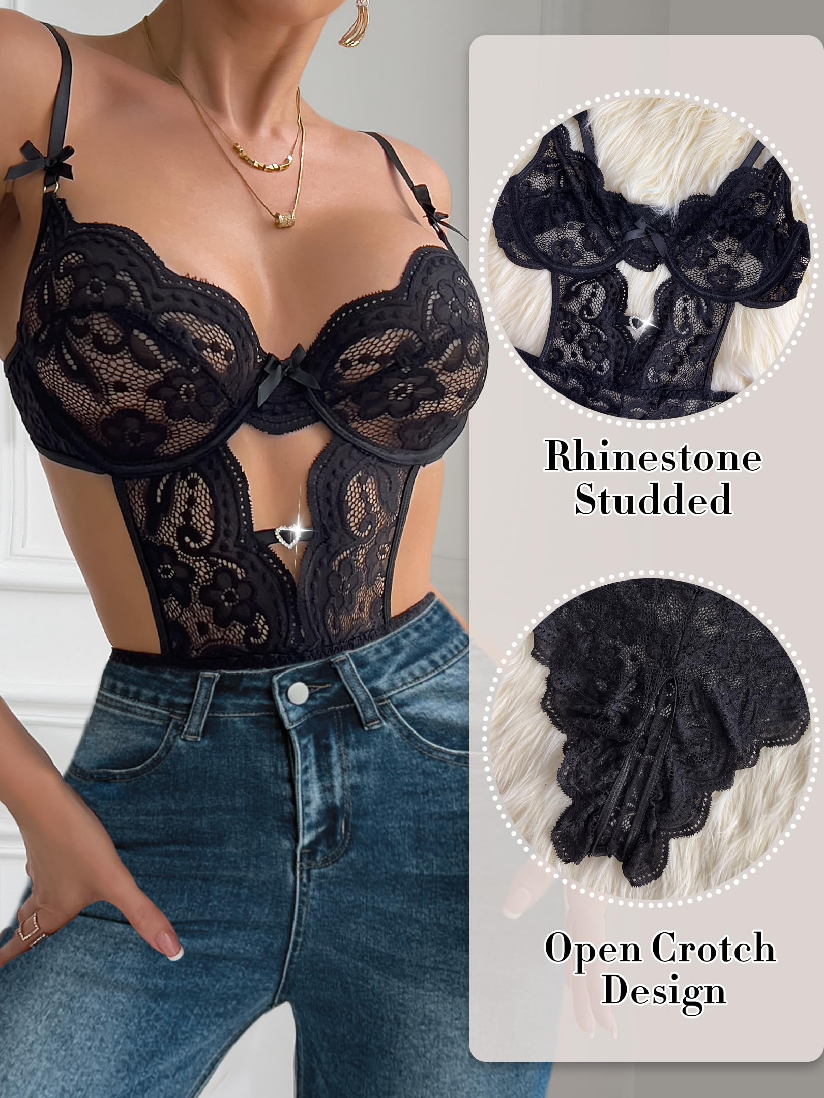 Dlsave Women Sexy Lingerie Set Lace Teddy Lingerie Detachable Mini Skirt Sets: Black Small