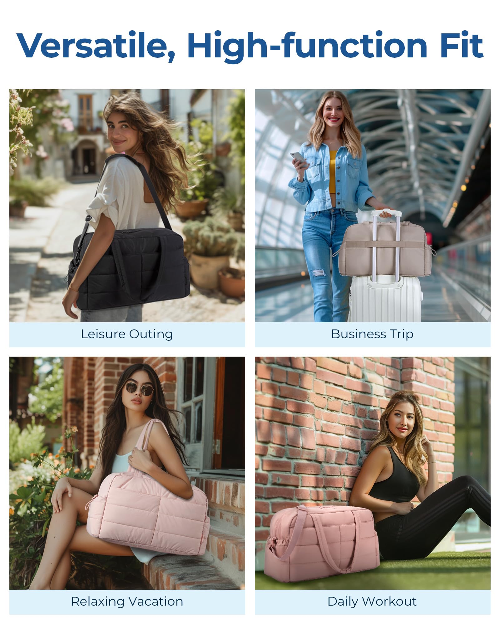 BAGSMART Gym Bag for Women, 31L Travel Duffle Bag Puffer Tote Quilted Laptop Carry on, Weekender Overnight Organizer for Travel, Water Resistant, Dark Pink: Baby Pink