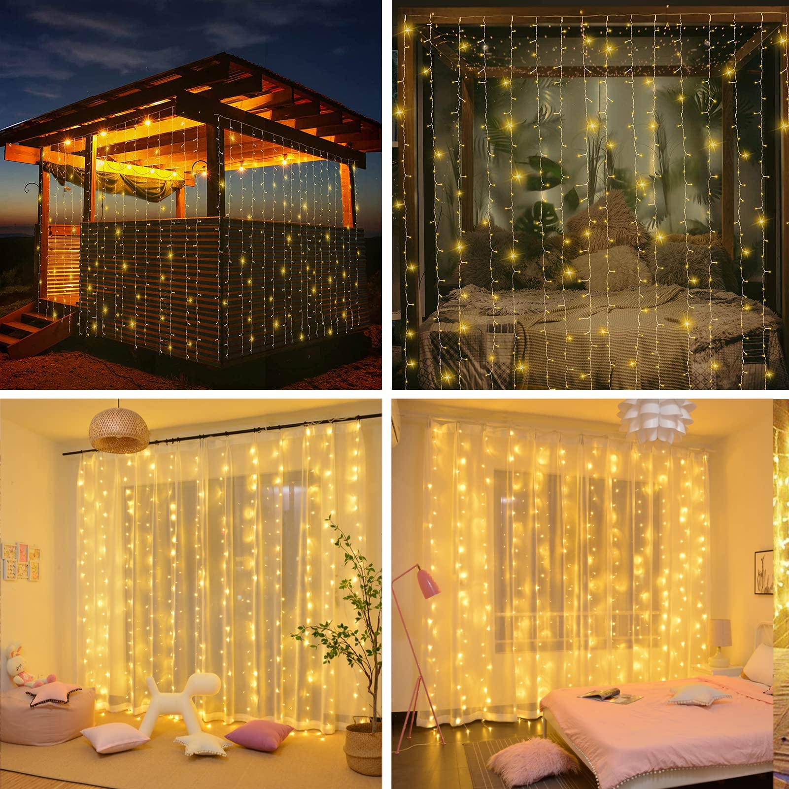 XINXIANLIAN 300LED Solar Curtain Lights Outdoor Indoor 8 Modes Solar Fairy Curtain String Lights Waterproof Twinkle Lights for Home Garden Patio Gazebo(): Warm White