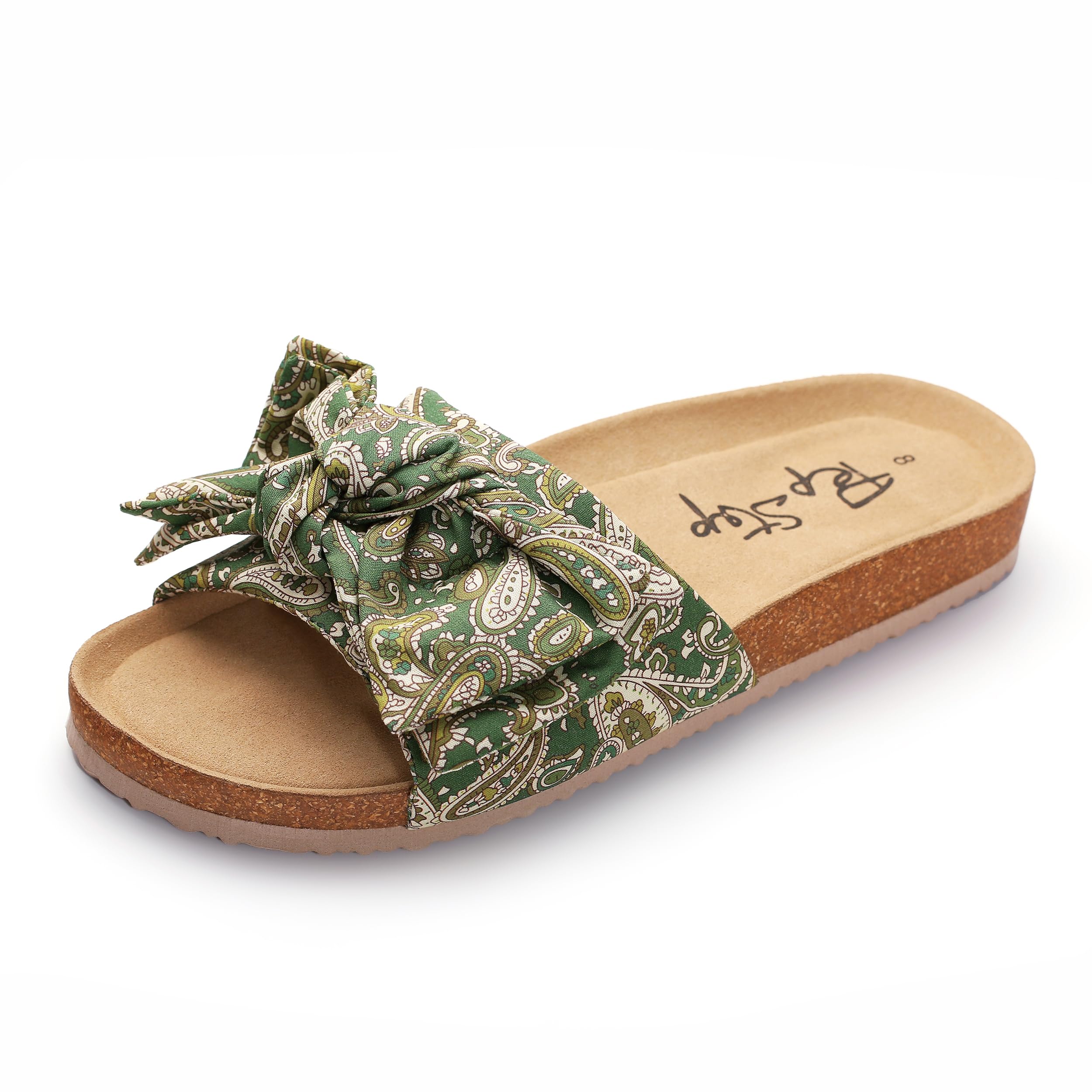 PepStep Slide Sandals for Women or Ladies Dressy Summer Casual, Cute Bow Tie Knot On Top Strap, Comfy Slip On Cork Foot Bed: 8 Green Boho