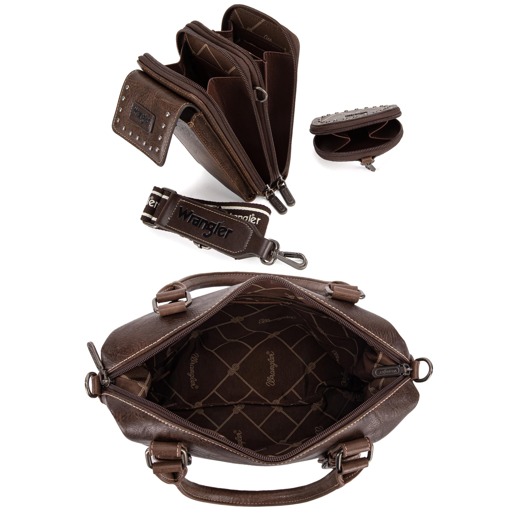 Wrangler 3Pcs Doctor Bag Sets for Women Top-handle Satchel Bag with Cell Phone Handbag and Coin Purse: Eye-catching Coffee