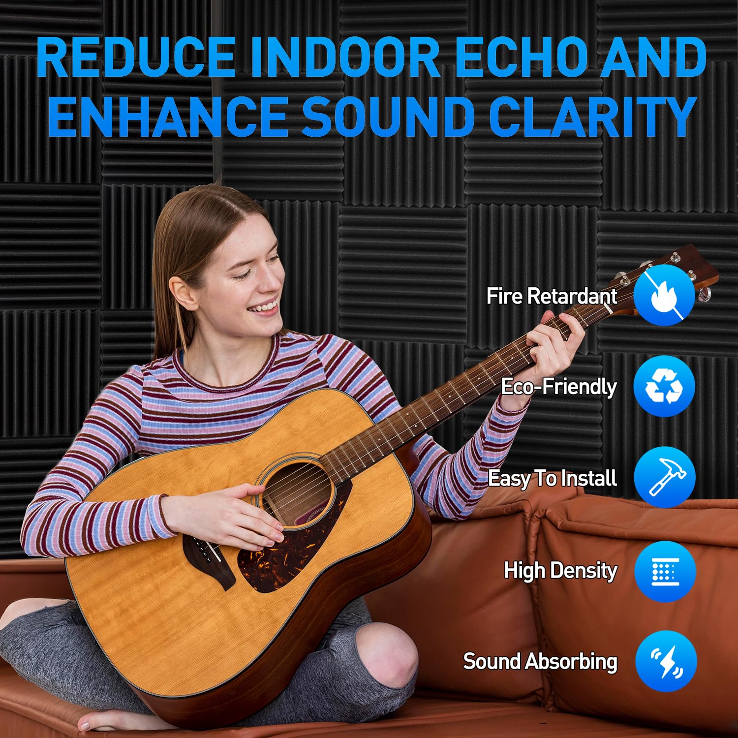 Focusound  Acoustic Foam Panels 1" x 12" x 12" Sound Proof Foam Panles Soundproofing Noise Cancelling Wedge Panels for Home Office Recoding Studio with 300PCS Double-Side Adhesive: 120 Pack