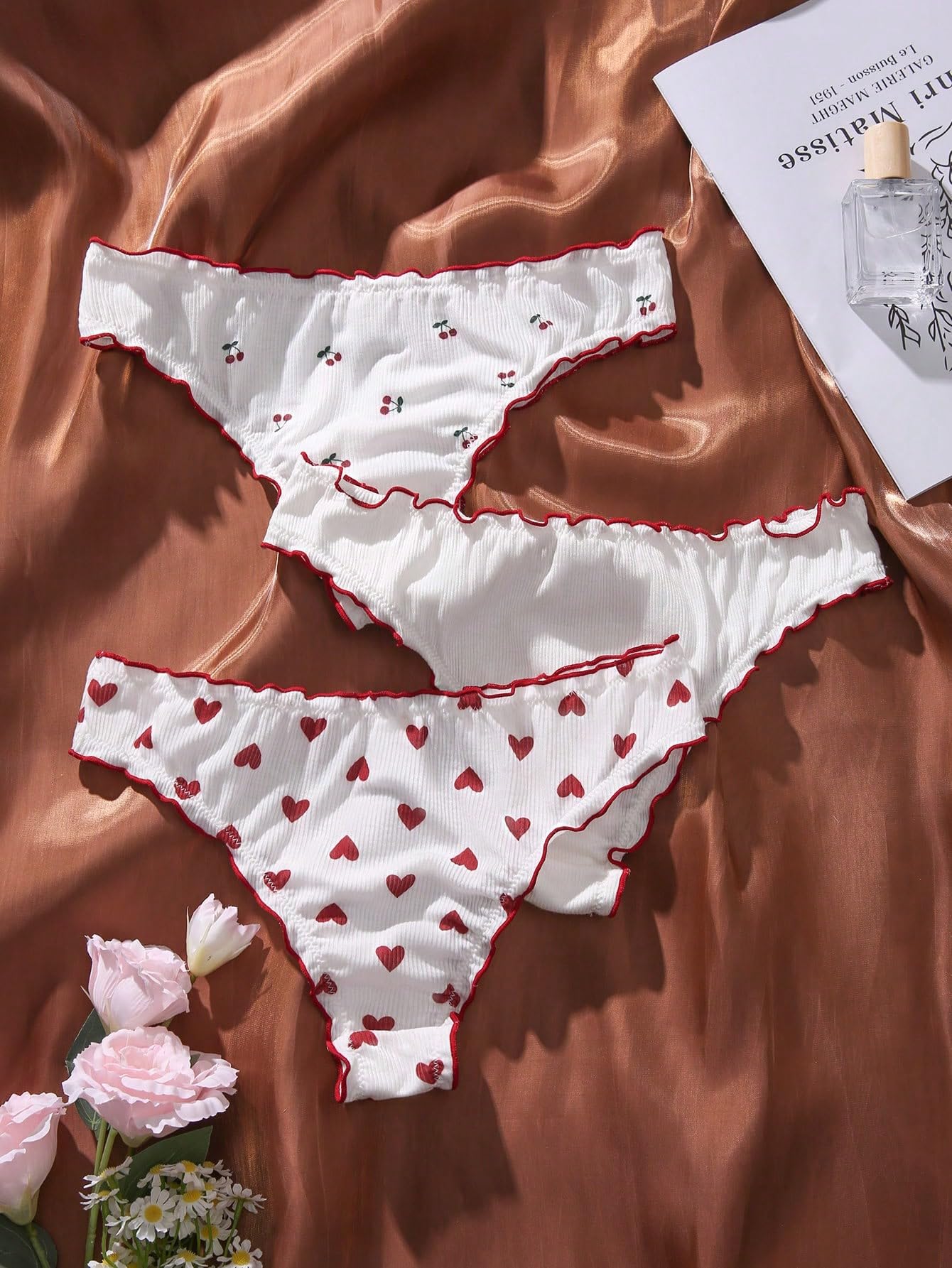 SHENHE Women's 3 Packs Underwear Heart Print Cute Panties Lettuce Trim Mid Rise Comfy Briefs: Small Burgundy