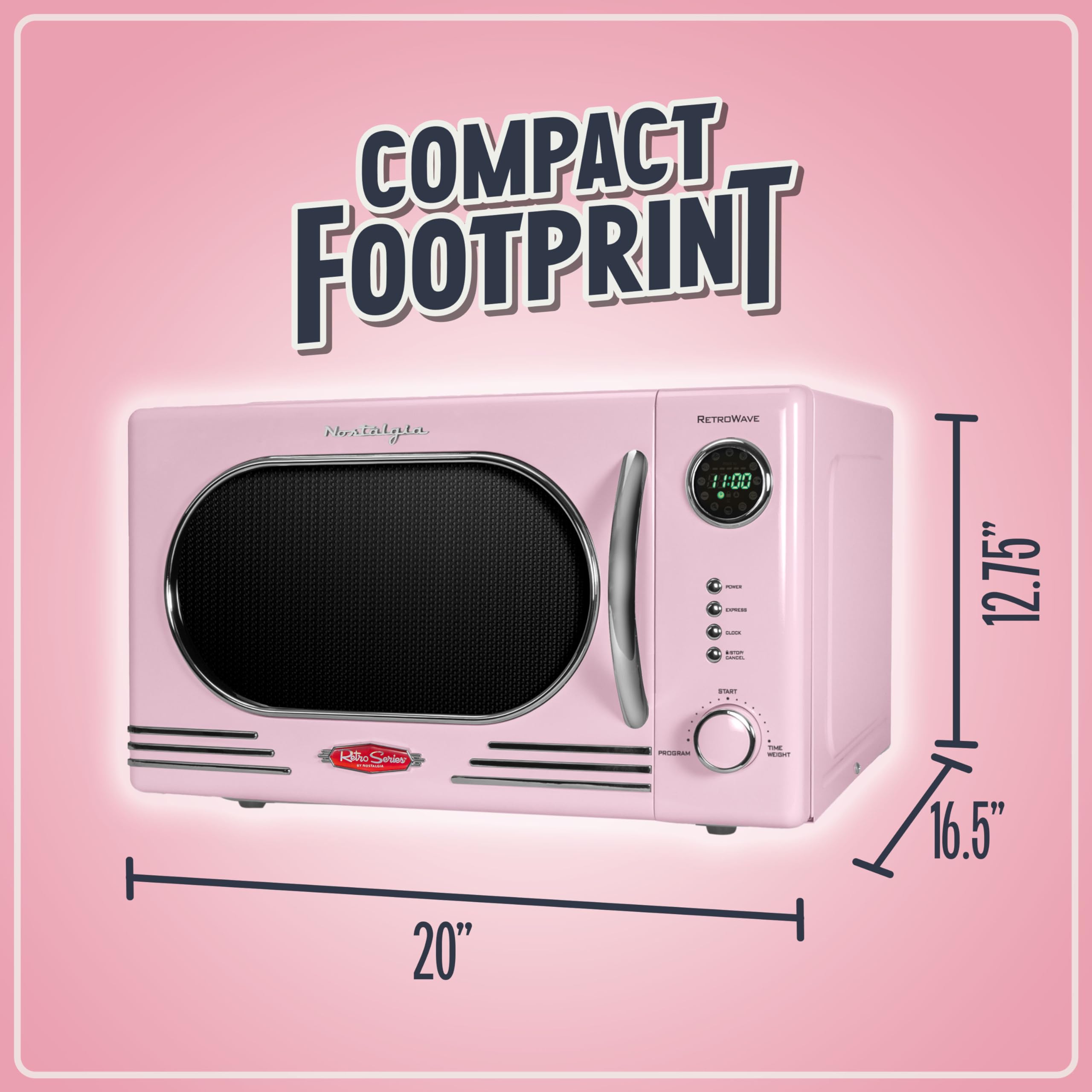 Nostalgia NRMO11PK6A 1000 Watt Power Retro Countertop Microwave Oven Easy to Clean with Removable Glass Turntable-Child Safety Lock-12 Programs-Digital Clock, 1.1 Cu Ft, Pink