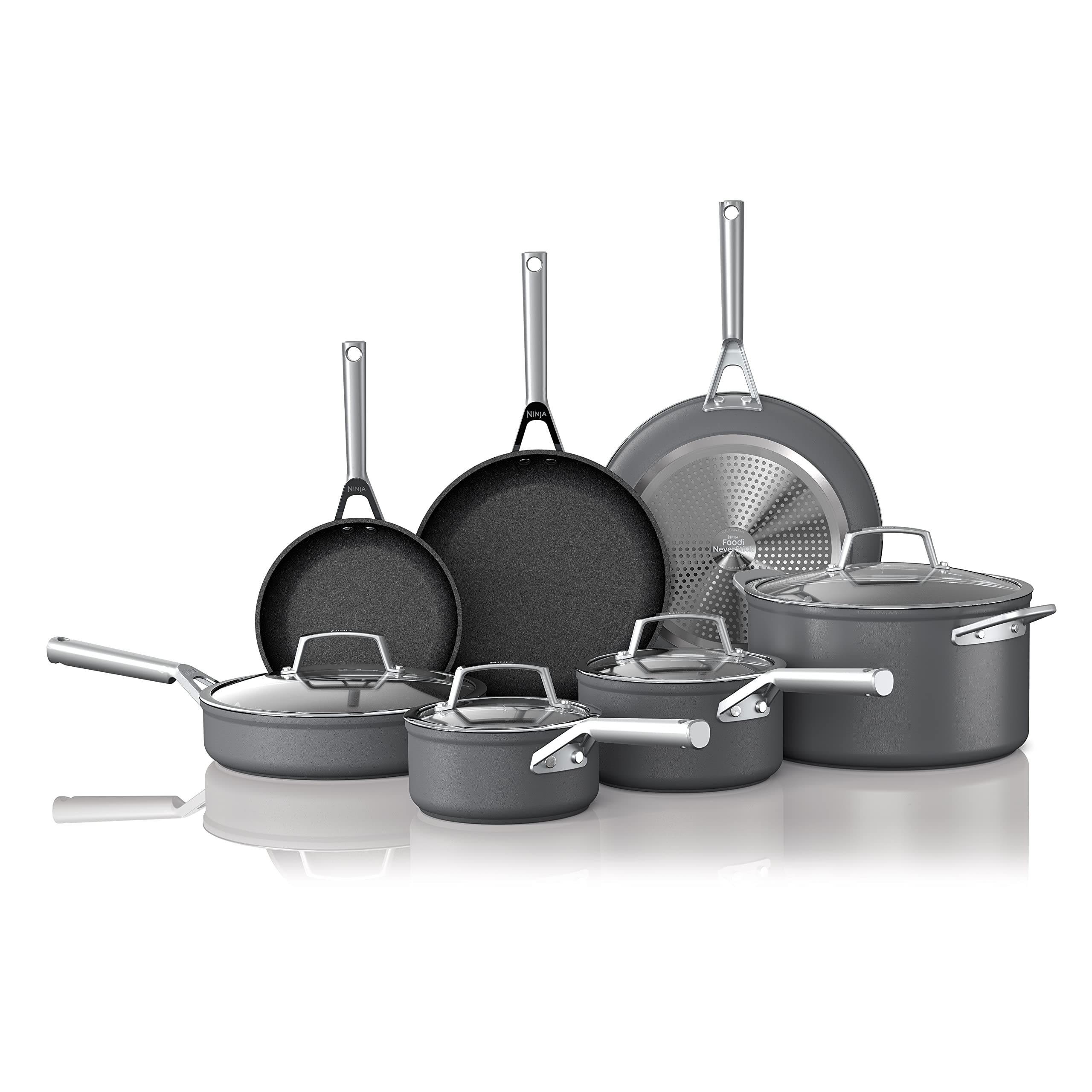 Ninja Cookware, Ninja NeverStick Premium, 16-Piece Pots and Pans Set, Non Stick Frying Pans, Kitchen Essentials, Stock Pot, Sauce Pan, Glass Lids, Saute Pan, All Stovetops, Black, C39900 - Image 1
