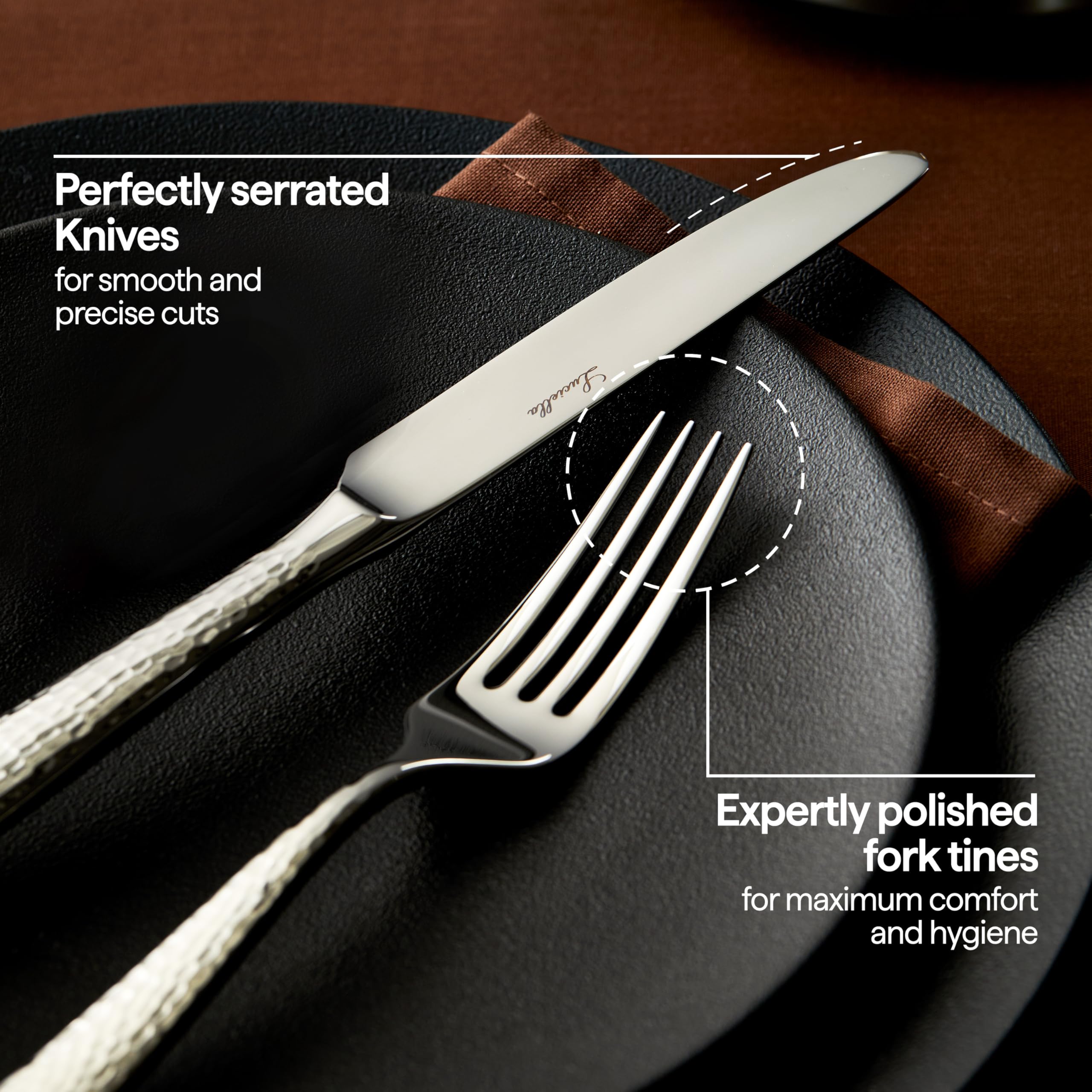 Luciella Ponza Flatware Set for 12, 65-Piece Stainless Steel Silverware Set with Serving Utensils, Timeless Hammered Design, Rust-Resistant, Mirror Polished & Dishwasher Safe