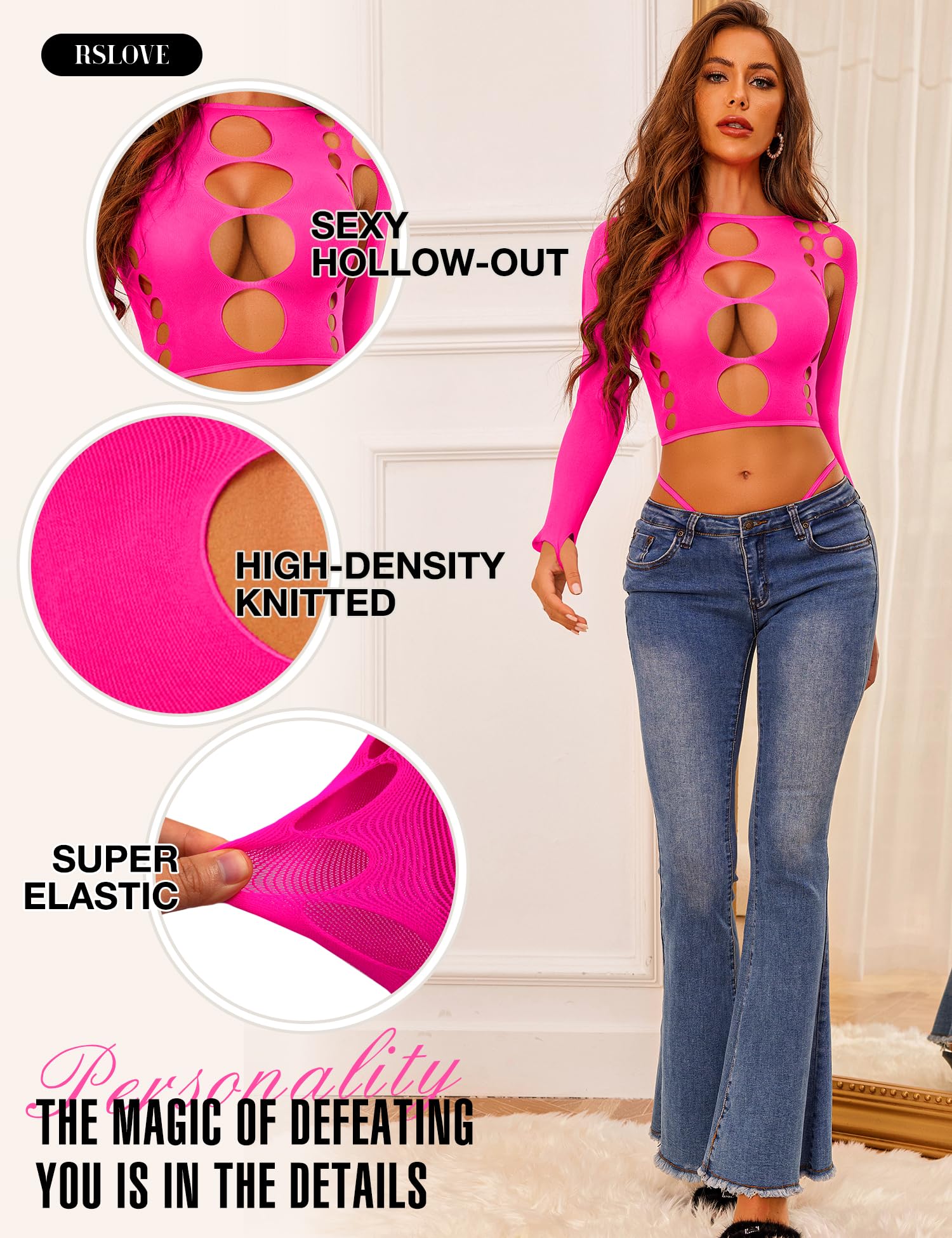RSLOVE Women Sexy Lingerie Sets Naughty Bodysuit Cutout Top Long Sleeve Teddy Exotic Bodystocking Mesh: One Size Fluorescent Pink