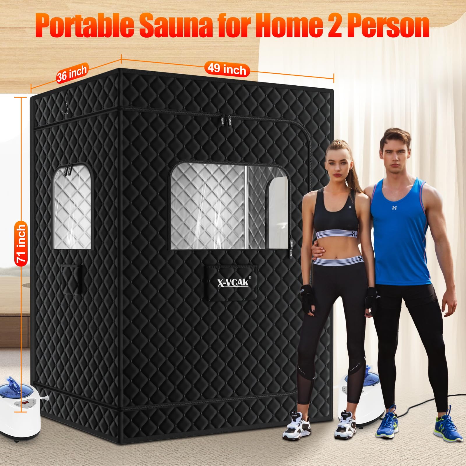 X-Vcak 2 Person Sauna, Extra Large Sauna Box, Portable Steam Sauna Tent with 2 Steamers, 2 Folding Chair, 71”x 49”x 36”, Black thumbnail 2