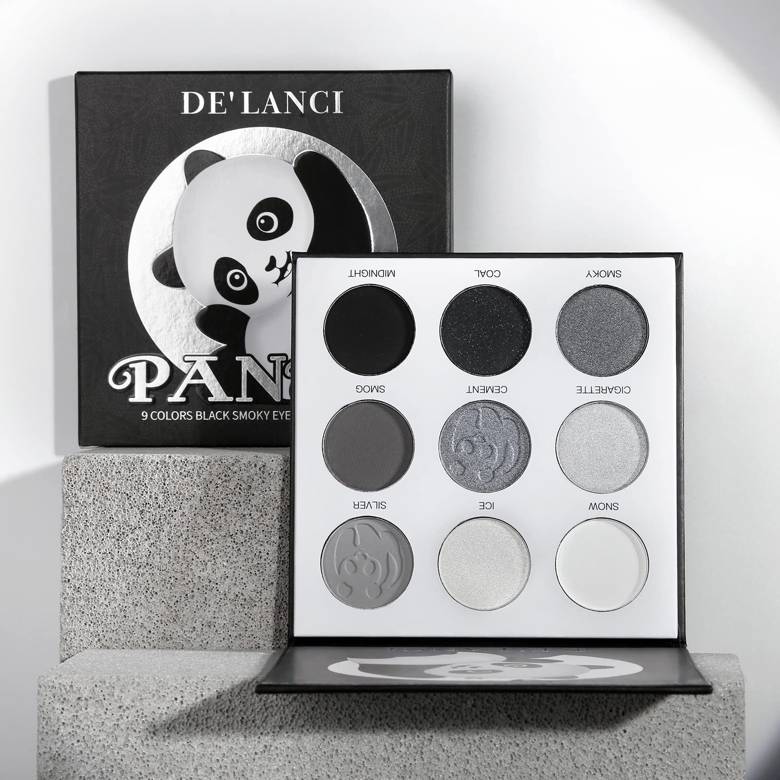ecofavor Black Smoky Eye shadow Palette, DE’LANCI PANDA 9 Colors True Black Dark Grey Smokey Goth Makeup Pallet, 9 Soft Matte Shimmer High Pigmented Basic Black White Gray Shade for Halloween: 9 Color Black Eyeshadow Palette