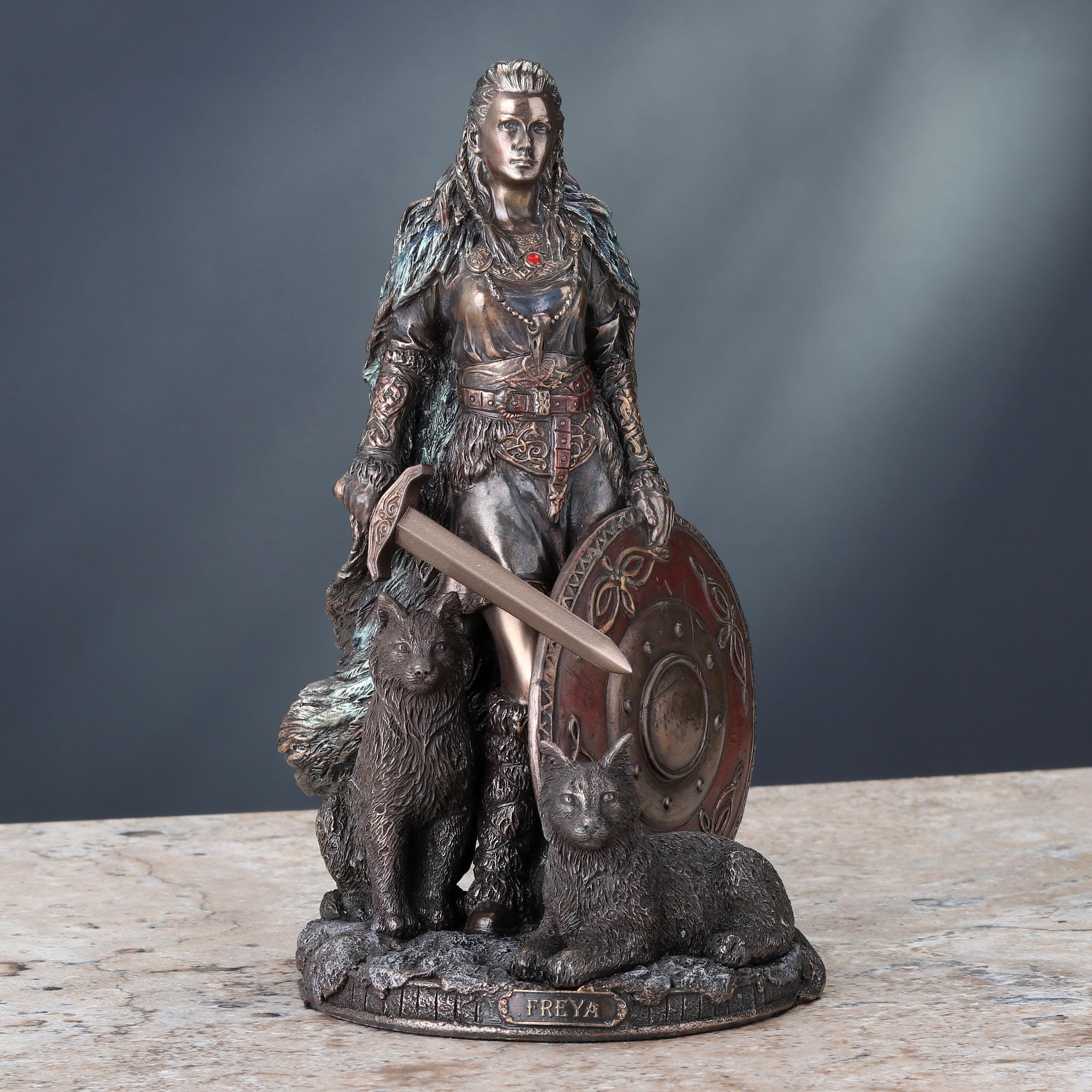 Veronese Design 8 1/4 Shield Maiden Freya Norse Goddess of Love Beauty and War Cold Cast Resin Sculpture Antique Bronze Finish Statue