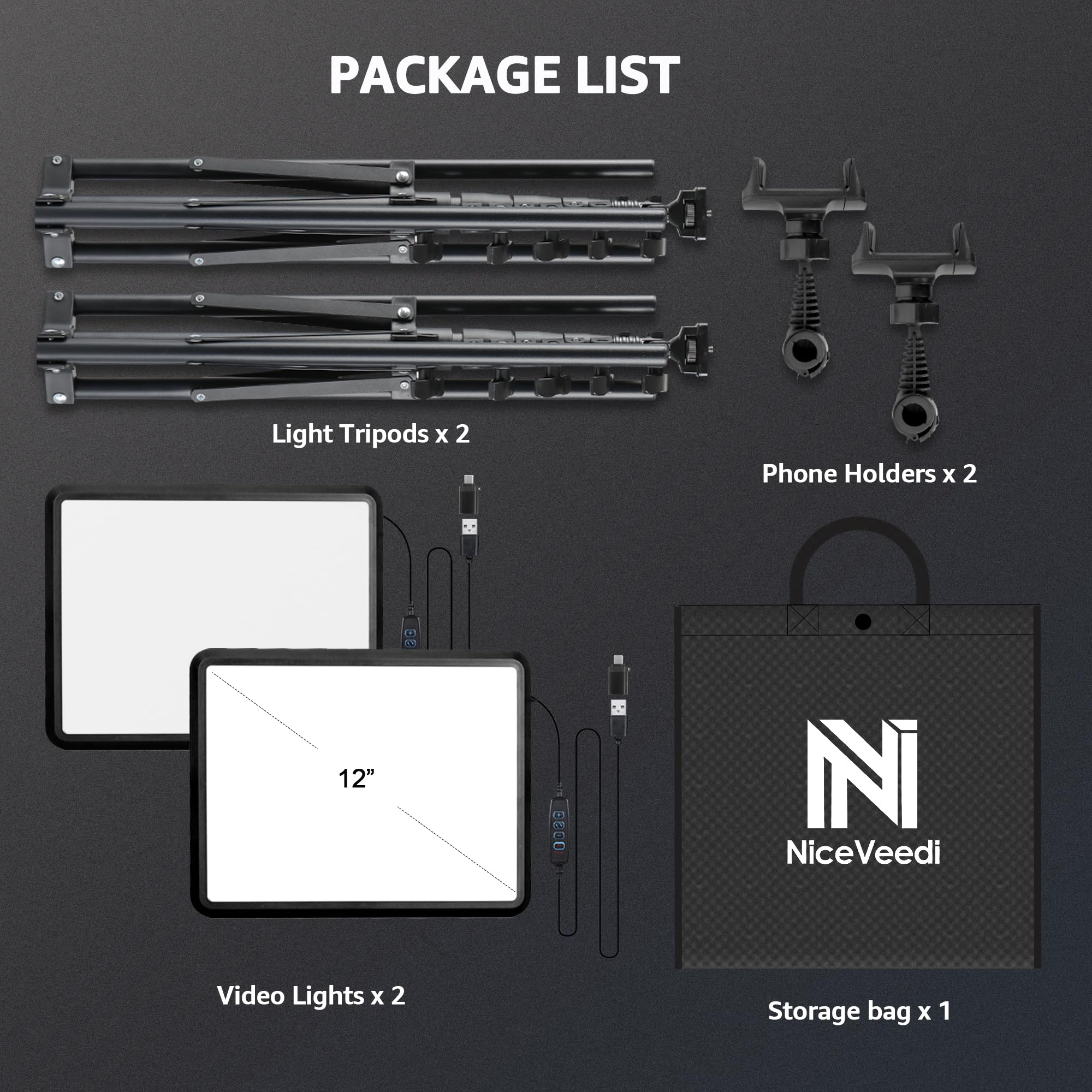 2-Pack Photography Lighting Kit, NiceVeedi 22W LED Video Light Kit, 2900-7000K Dimmable Studio Light with Tripod Stand, 73" Stream Light for Video Recording: 15W-2 Packs(USB-C Adapters)