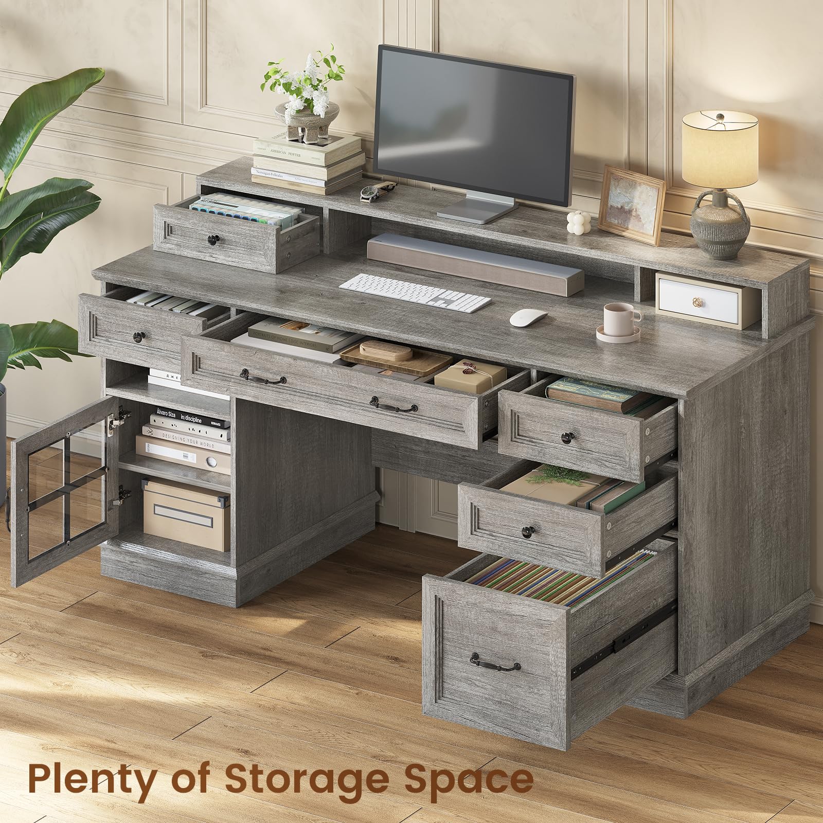HAUOMS Farmhouse Executive Desk with Drawers Computer Desk with File Drawers, Power Outlet and Led Lights, Executive Office Desk with Storage Cabinet and Monitor Shelf for Home Office,