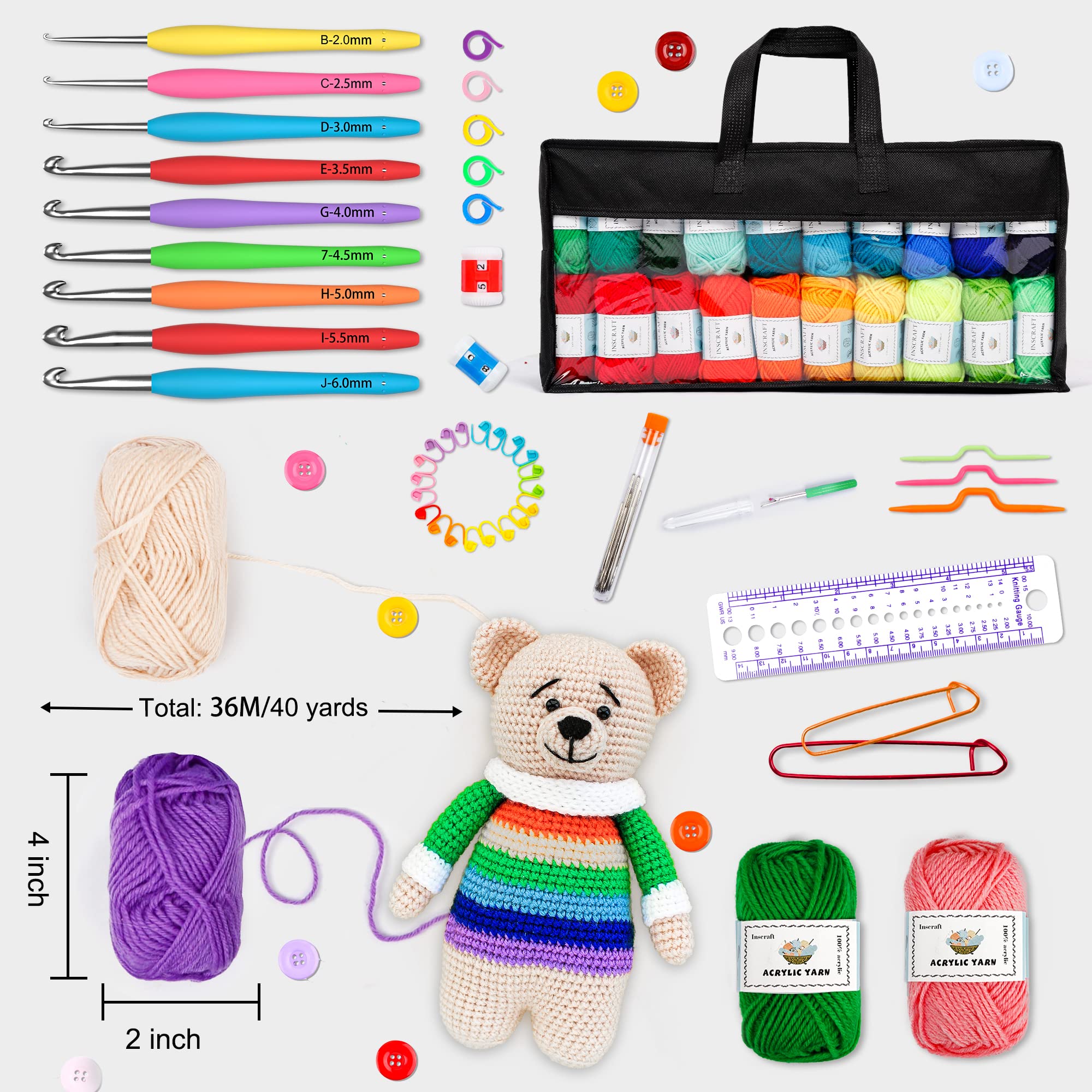 INSCRAFT  with Yarn Set– 1600 Yards Assorted Yarn for Knitting and Crochet, 73PCS Crochet Accessories Set Including Ergonomic Hooks, Knitting Needles & More Ideal Beginner Kit thumbnail 3