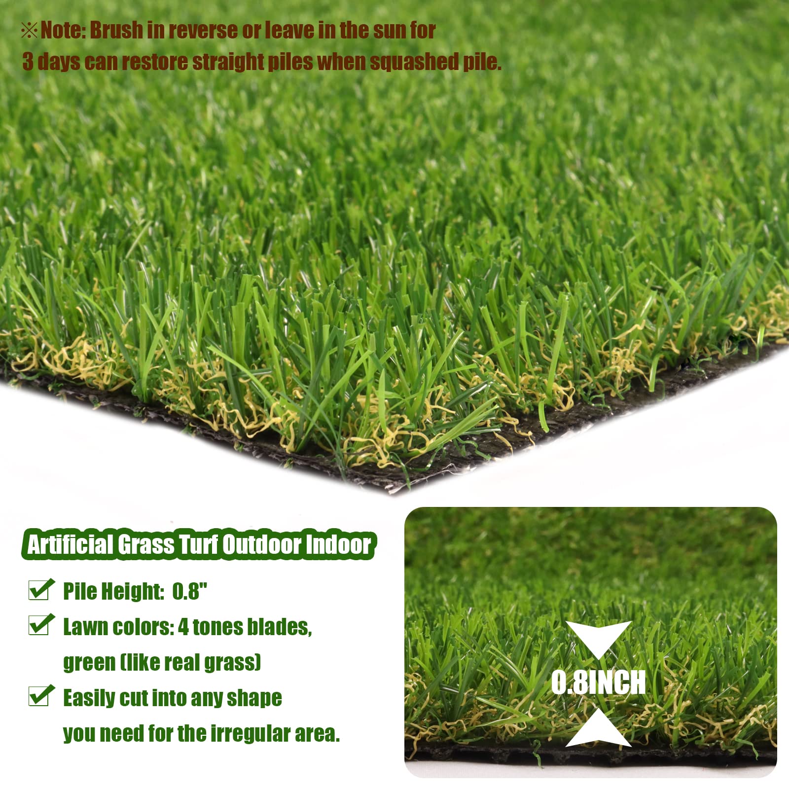 Heyroll Realistic Artificial Turf Grass, 5 FT X 8 FT Artificial Synthetic Fake Grass, 20MM Green Turf Rug Pet Dogs Lawn Mat with Drainage Holes for Indoor Outdoor Patio Garden Landscape/Custom Size: 5x8FT
