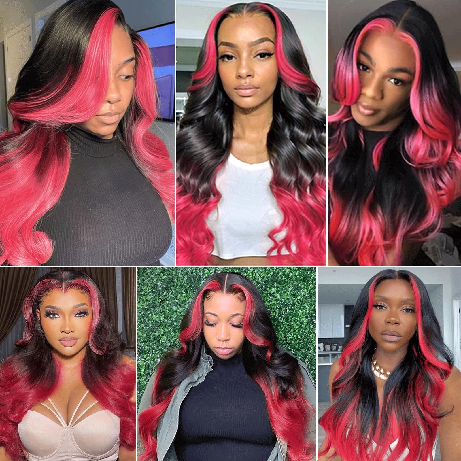 haha 13x6 Ombre Pink Lace Front Wig Human Hair Black and Hot Pink Highlight Wig Body Wave Hd Lace Frontal Wig Glueless Pre Plucked Bleached Knots Skunk Stripe 180% Density 20 Inch