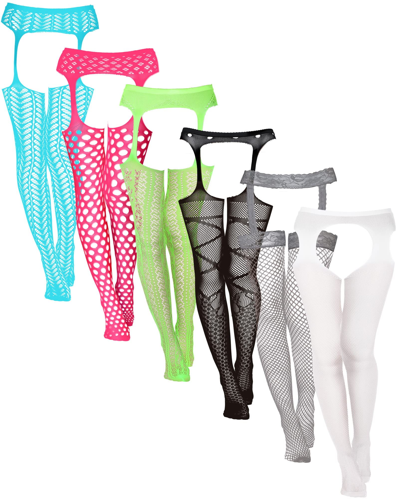 6 Pairs Women Fishnet Thigh High Stockings Garter Belts and Suspender Pantyhose Stockings for Halloween (Classic, Black,Medium): 6 Pairs Women Fishnet Thigh High Stockings Garter Belts and Suspender Pantyhose Stockings for Halloween (Classic, White, Grey, Light Blue, Carmine, Fluorescent Green, Black,Medium-Large)