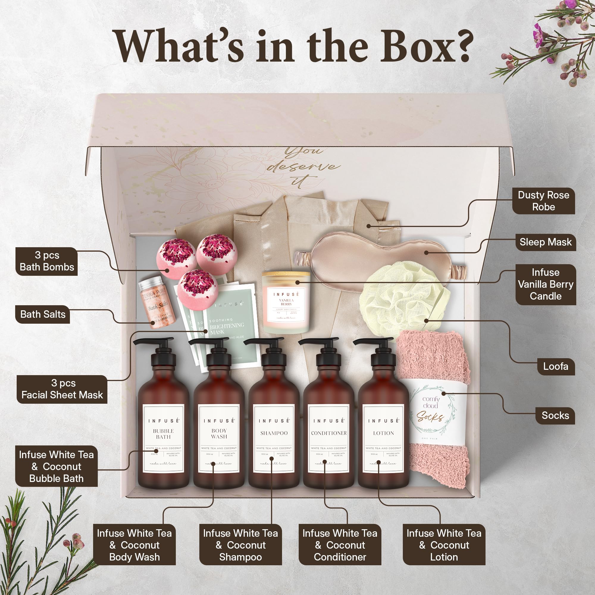 INFUSÉ 17-Piece Luxury Gift Set with Robe | Complete White Tea & Coconut Bath Collection | Self-Care Kit with Bath Bombs, Face Masks & Hair Care | Bridesmaid, Mom, Wife, Grandma or Loved Ones thumbnail 3