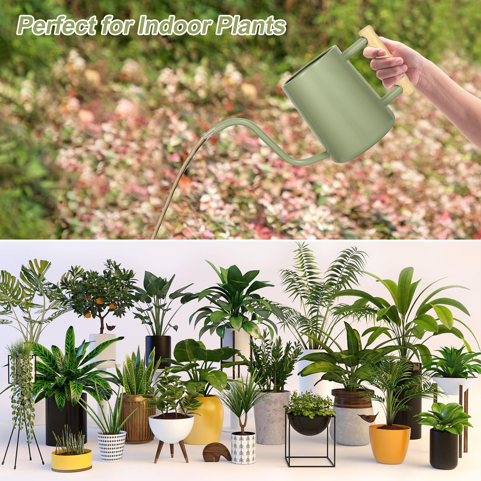 Watering Can Indoor Plants, 35 oz/1000 ml Metal Stainless Steel Watering Can Pot with Long Spout for Indoor House Plants Bonsai Outdoor Garden Flower Decorative (): Sage Green