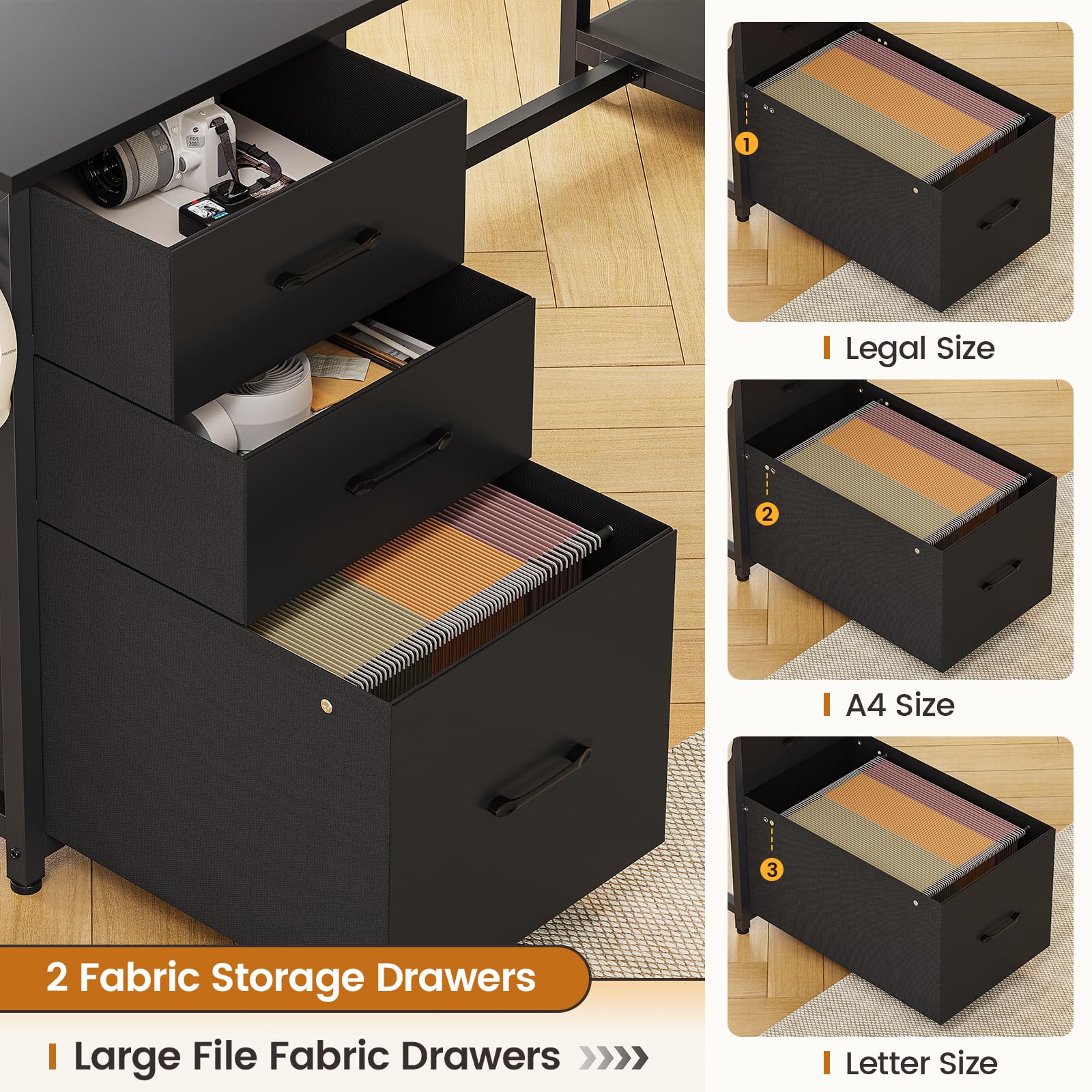 SEDETA L Shaped Computer Desk, 58'' Office Desk with 3 Drawers and Bookshelf, L Shaped Corner Desk with Storage Shelves and LED Light for Home Office, Gaming Desk, L Desk, Black