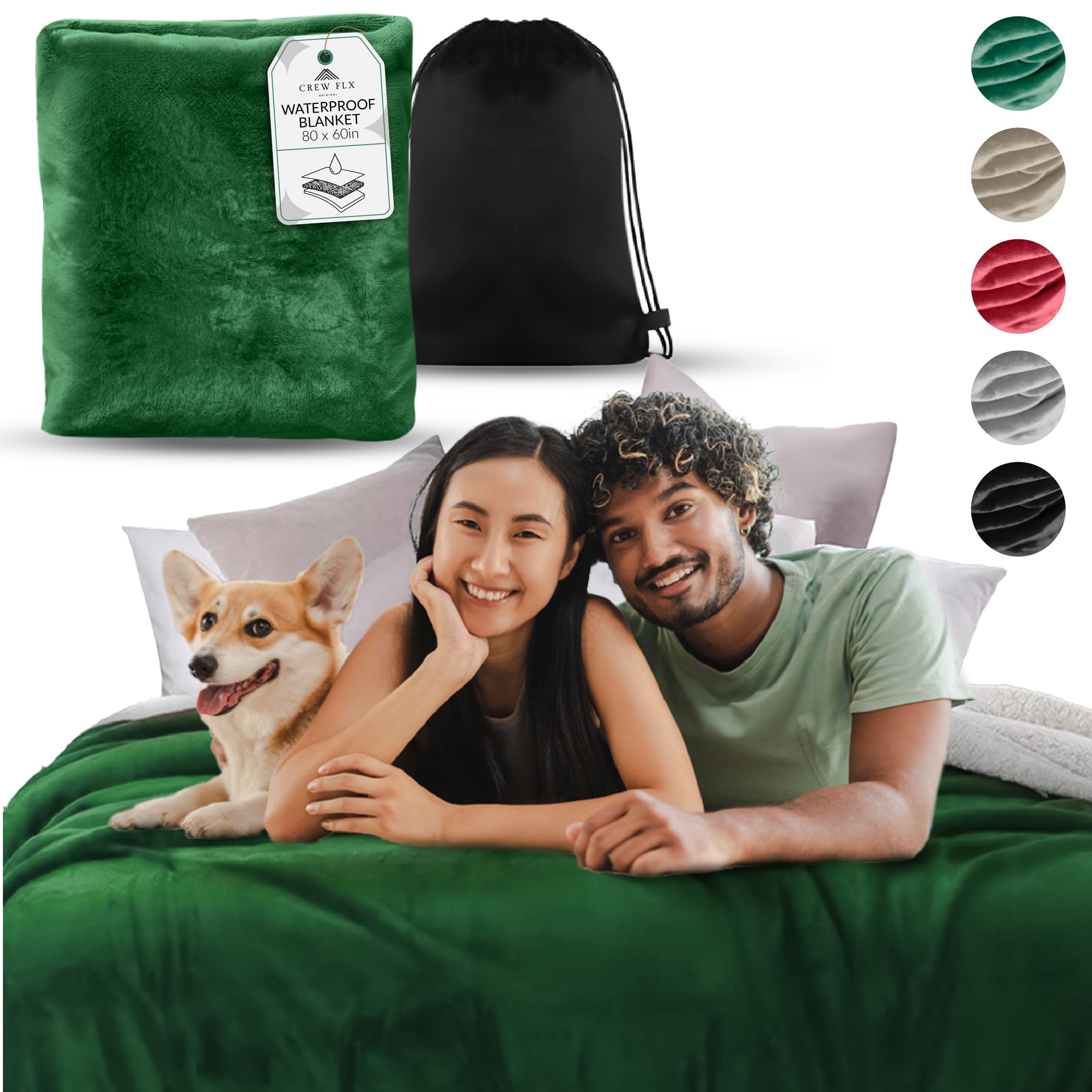 CREW FLX Couples Blanket Waterproof, 3 Layer Lightweight and Stain Proof Couples Blanket Water Proof & Dogs, Blankets Waterproof - Sherpa Cover with Carry Bag, Machine Washable (Gray, 80x60): Green 80 x 60 inch