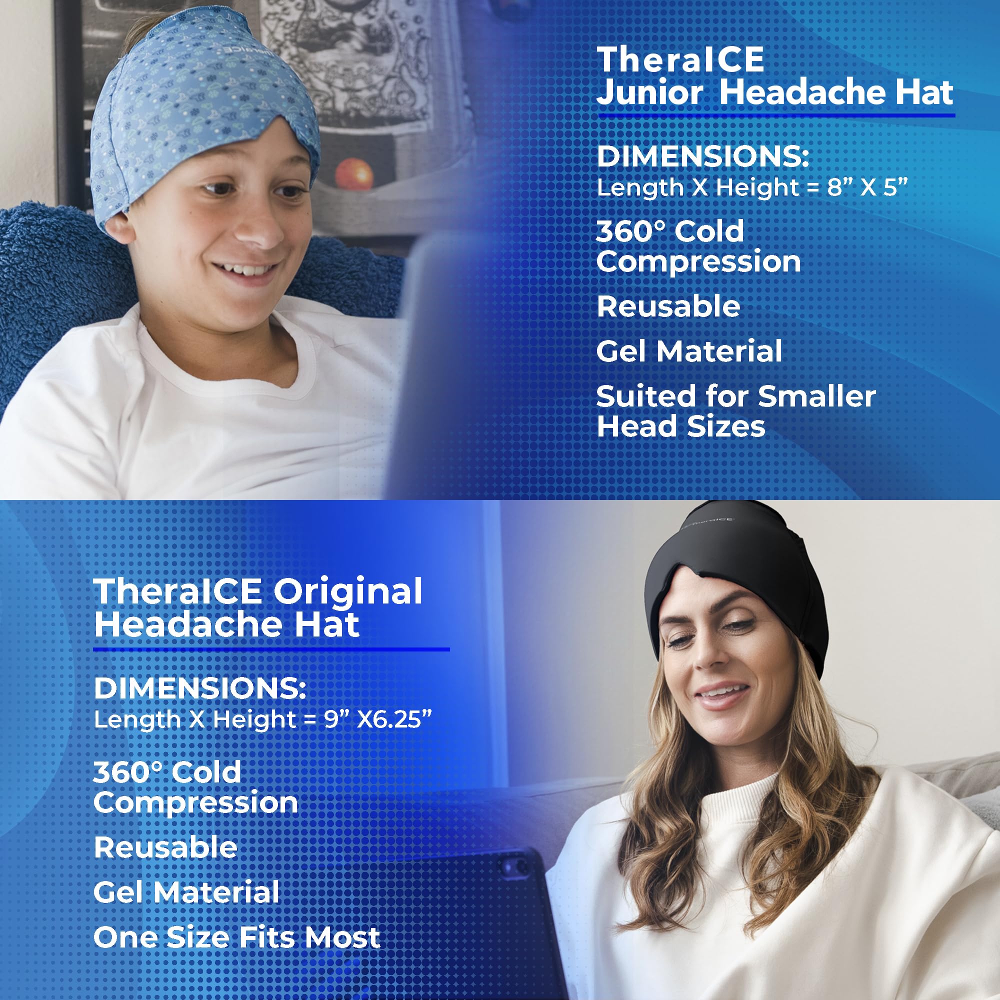 TheraICE Migraine Relief Cap, Soothing Headache Hat Ice Pack Mask, Face Cold Compress Cooling Gel Head Wrap Products for Tension, Stress & Hangover thumbnail 2