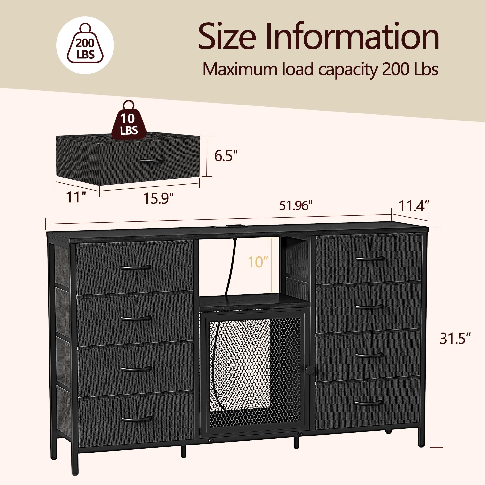 Decofy Dresser for Bedroom with LED Lights and Power Outlets, 8 Drawers TV Stand Dresser for 65 Inch TV, Fabric Chest of Drawers with Open Shelves,  Dressers for Bedroom, Closet: Black
