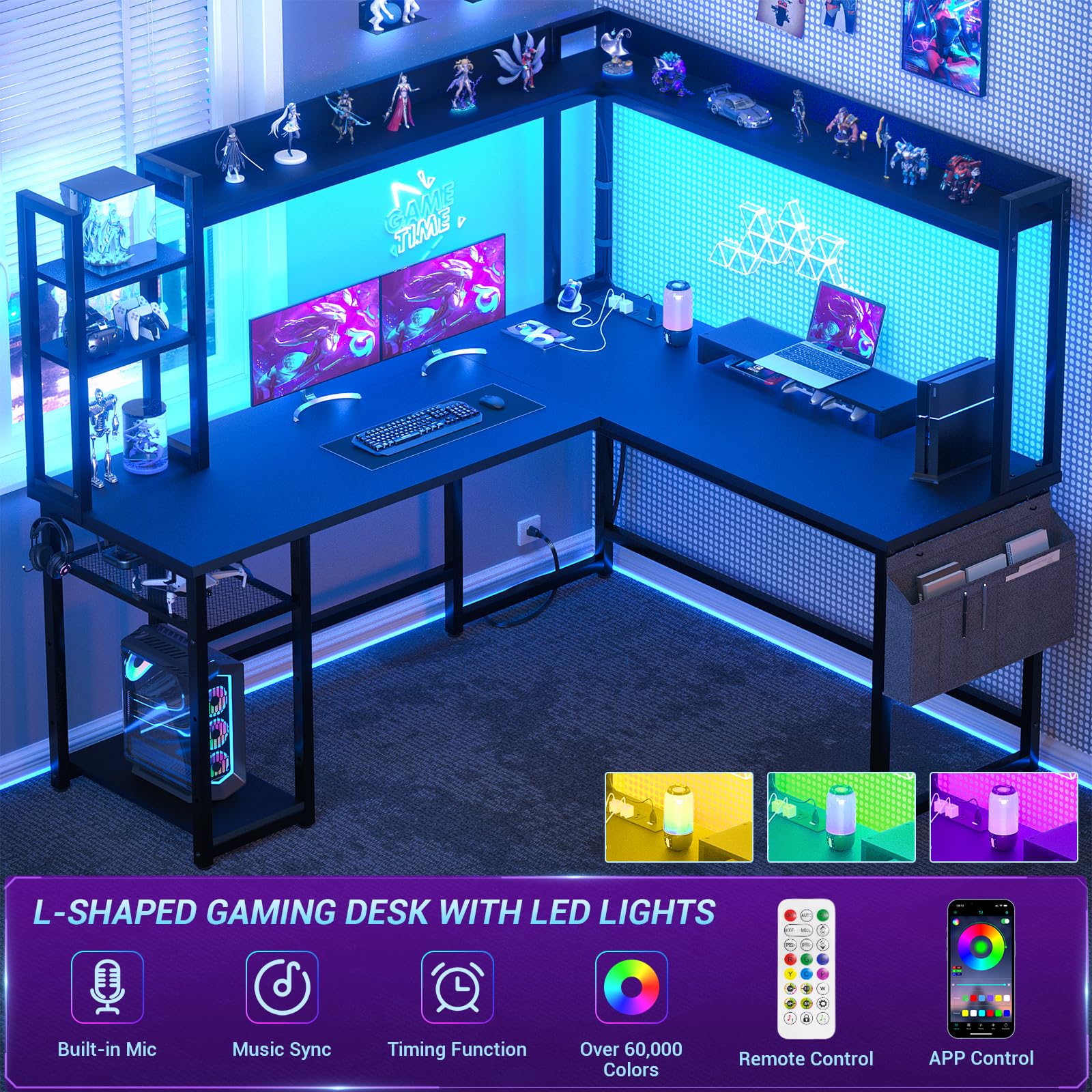 Aheaplus L Shaped Desk with Power Outlet, L Shaped Gaming Desk with Led Light & Hutch, Reversible Home Office Desk, Corner Computer Desk Writing Desk with Monitor Stand & Storage Shelves,: Black