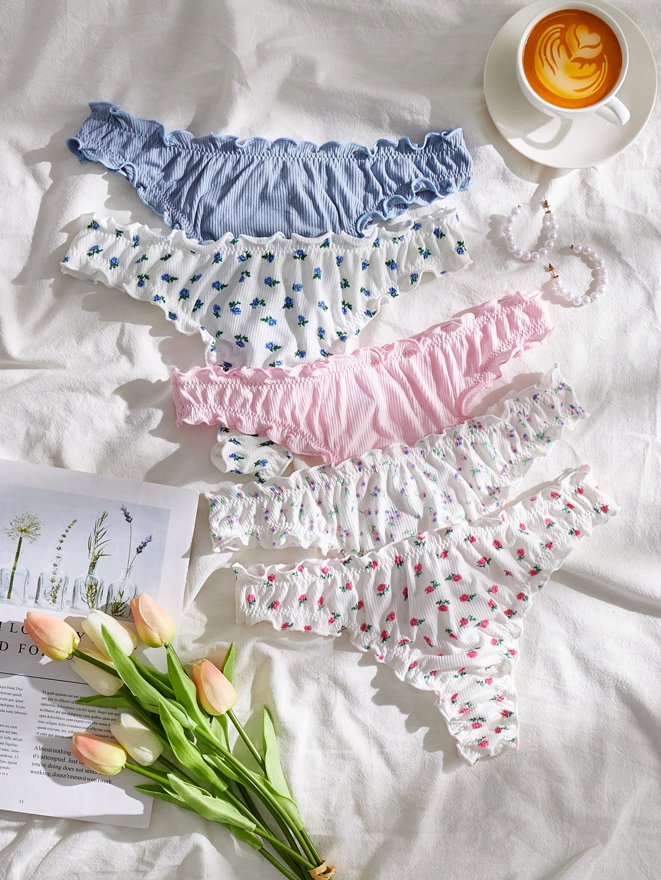 COZYEASE Women's 5 Piece Sets Floral Print Lettuce Trim Low Rise Panty Cute Underwear: Small Multicolor