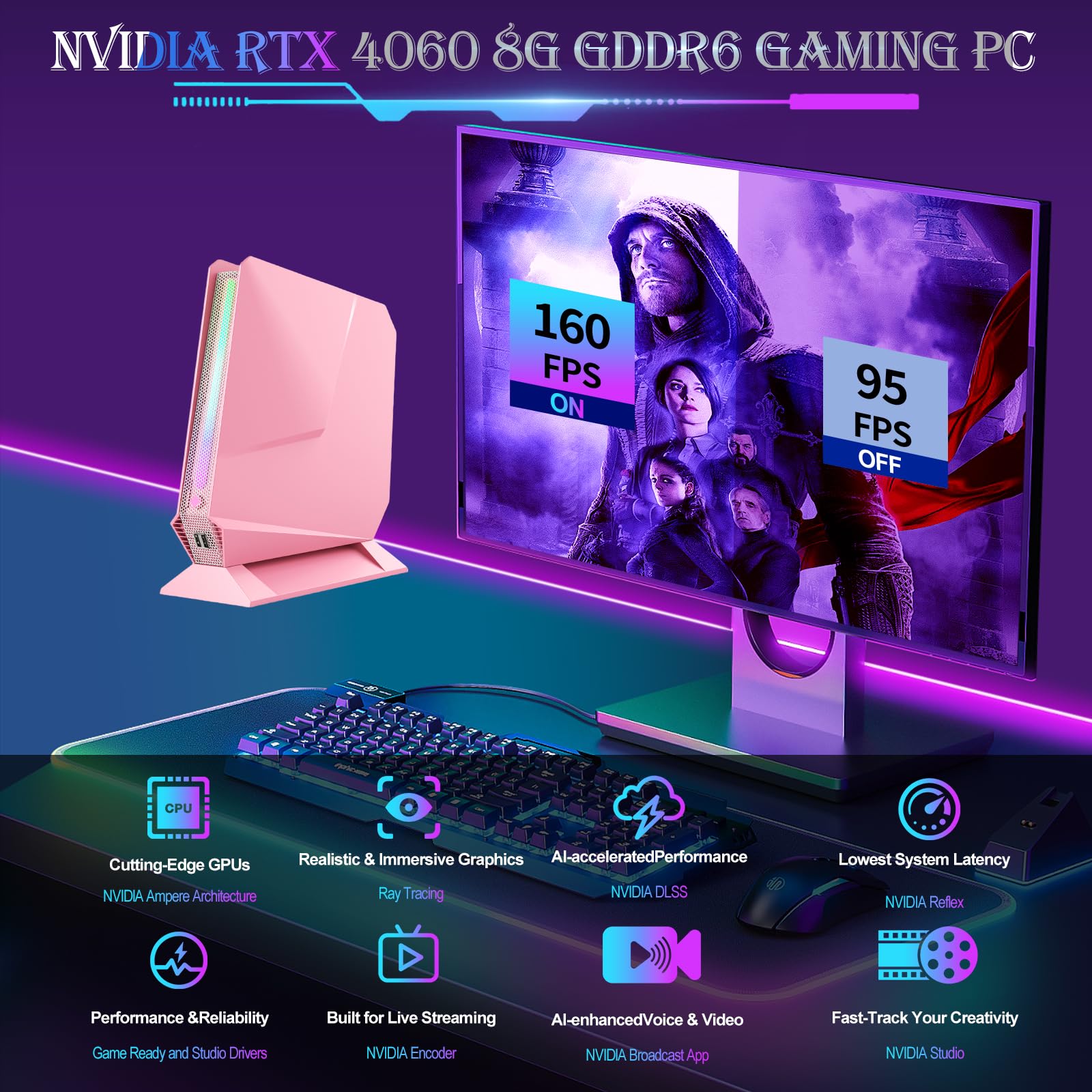 Mini PC, 13Th Gen Intel i9-13900HK Gaming PC, Nvidia RTX 4060 Graphics Mini Computers with RGB Lights, 32GB DDR5 RAM, 1TB PCIe G4x4 SSD, 2X HDMI + Type-C, 2.5G LAN, WiFi Ready, Pink