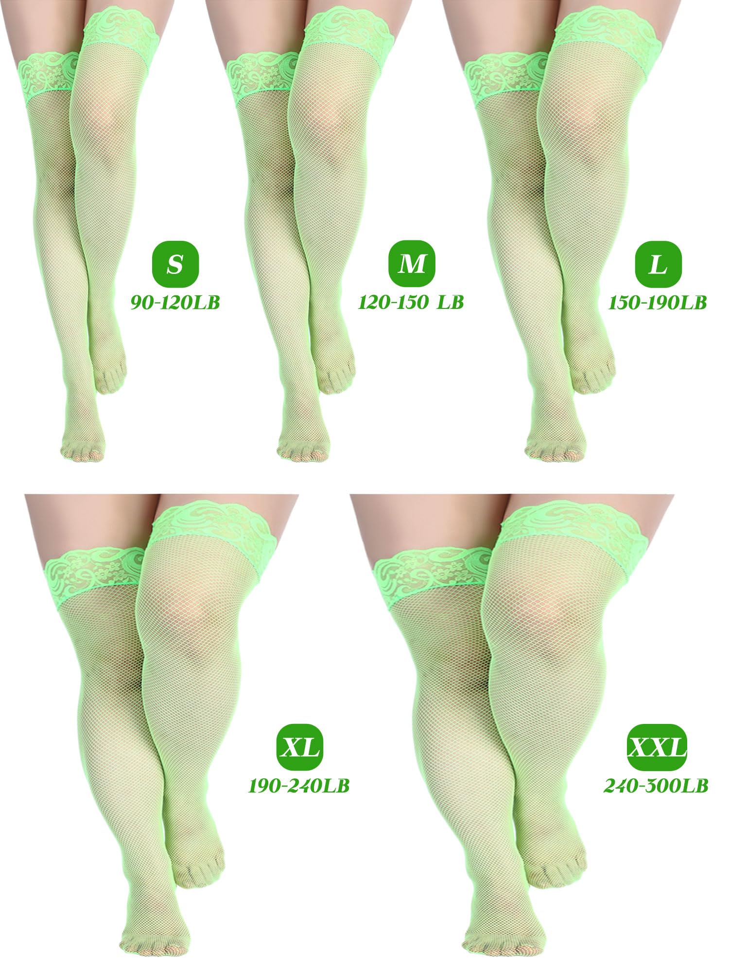 Bencailor 4 Pairs Fishnet Thigh High Stocking for Women Silicone Lace Top Sheer Over Knee Silky Stockings: Blue, Green, Pink, Purple Large