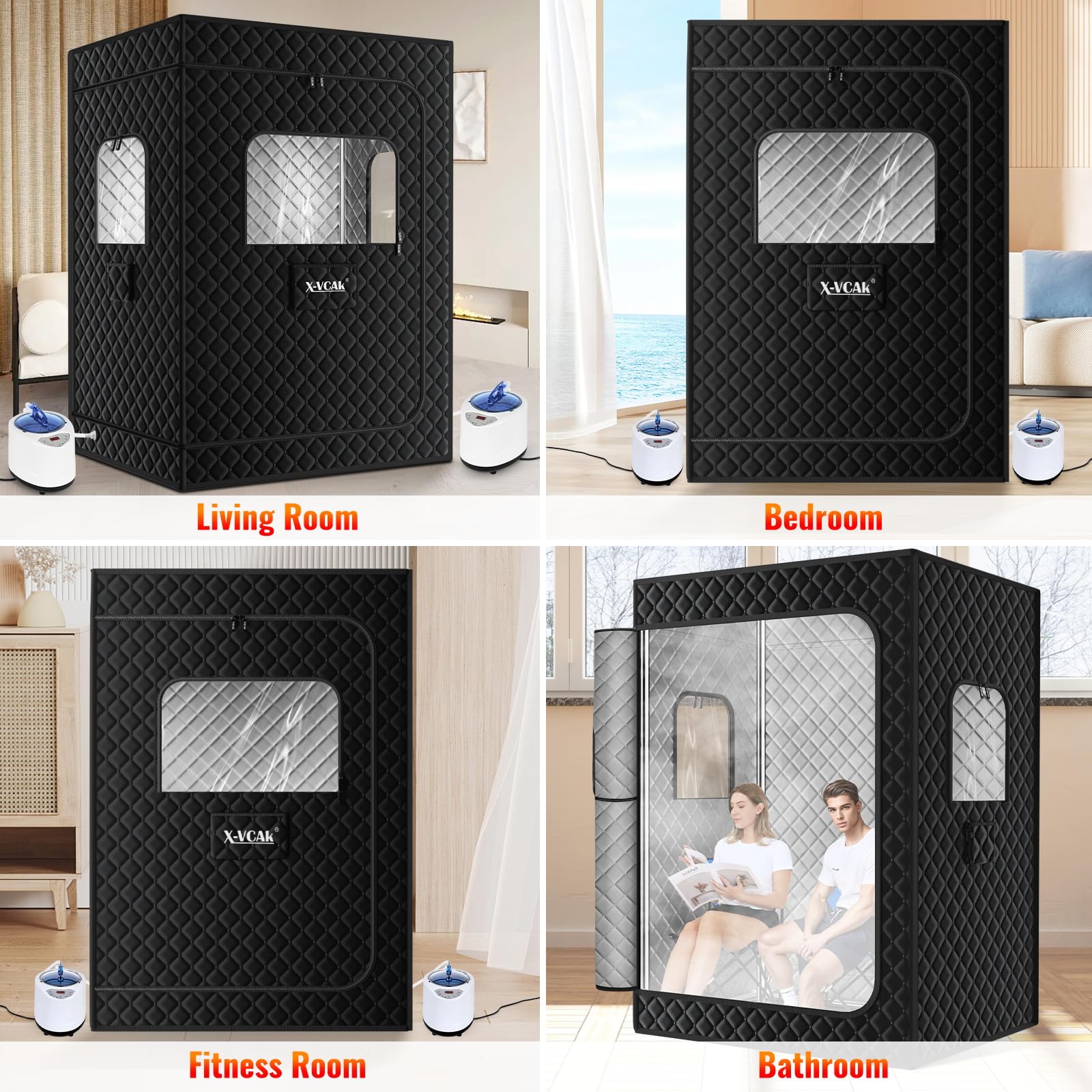 X-Vcak 2 Person Sauna, Extra Large Sauna Box, Portable Steam Sauna Tent with 2 Steamers, 2 Folding Chair, 71”x 49”x 36”, Black thumbnail 7