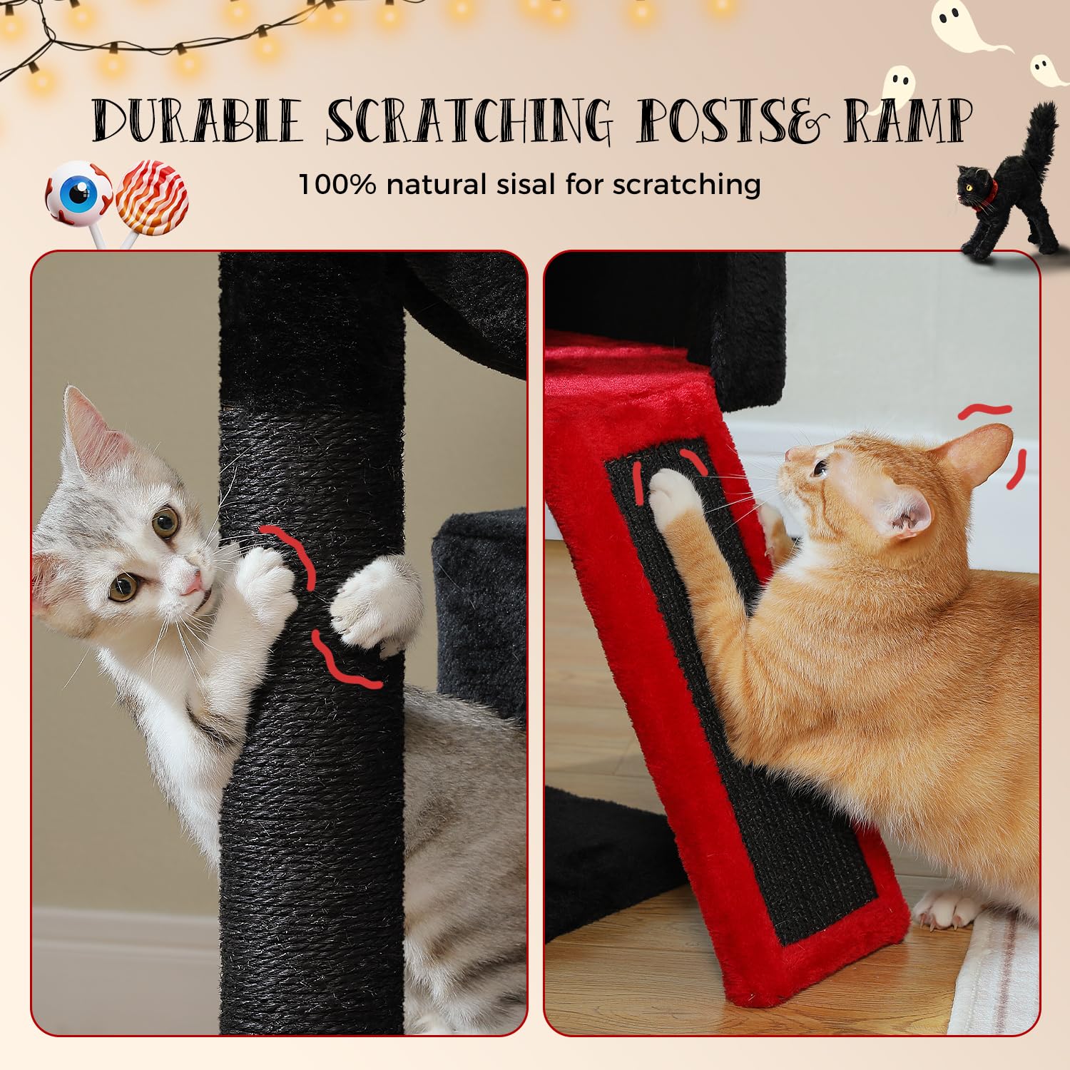 PAWZ Road Large Cat Tree, 41 Inches Gothic Cat Tower with 2 Spacious Condos for Indoor Cats, Large Black Cat House with Comfy Hammock, Padded Perch, Scratching Pad and Replaceable Balls-Black: 41 Inches Black