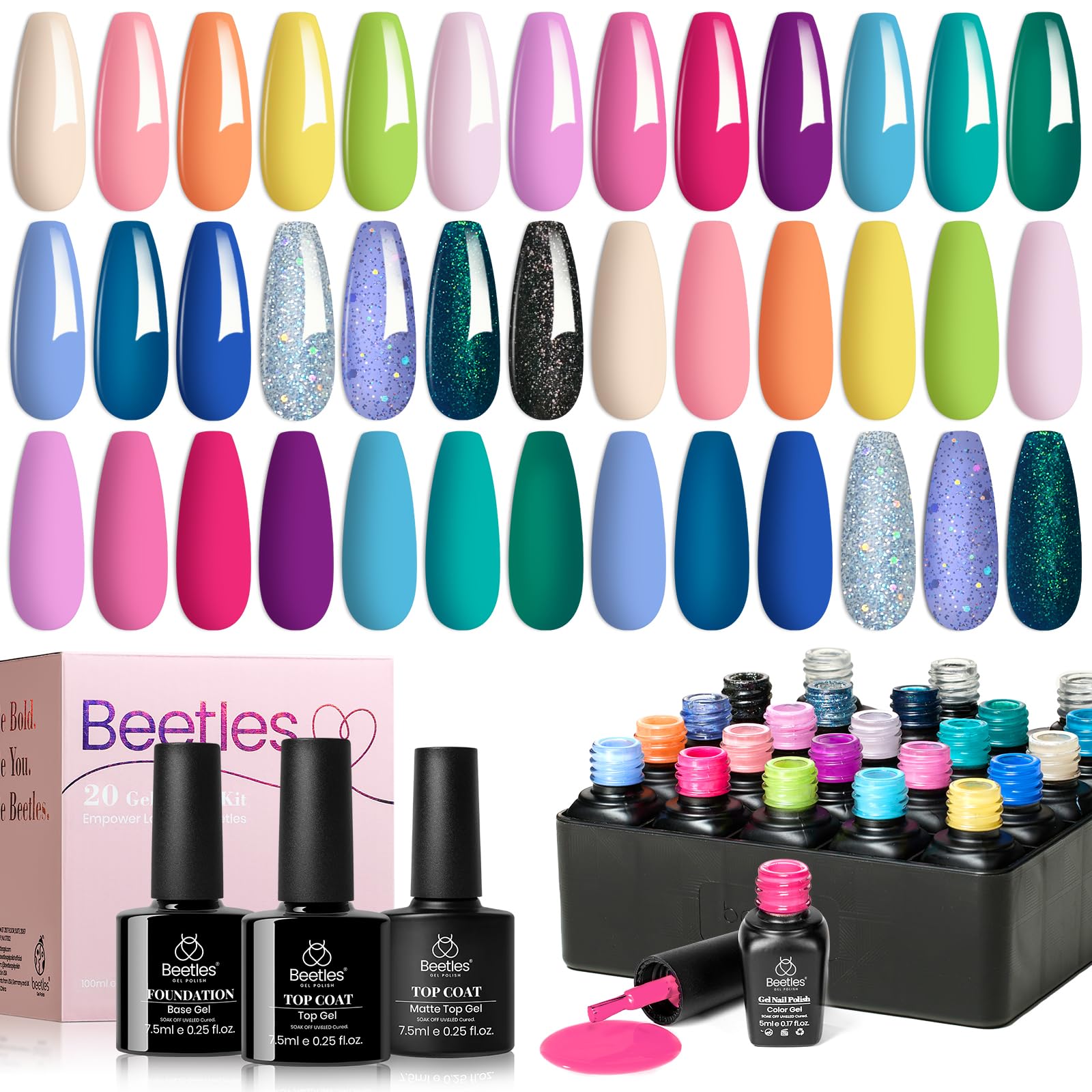 beetles Gel Polish Set Summer Gel Nail Polish Kit Pastel 36 Pcs 32 Colors with Base Top Coat Hot Pink Green Black White Burgundy Red Blue Purple Gifts for Women Fingertip Palette: 20 Colors Fantasyland Collection