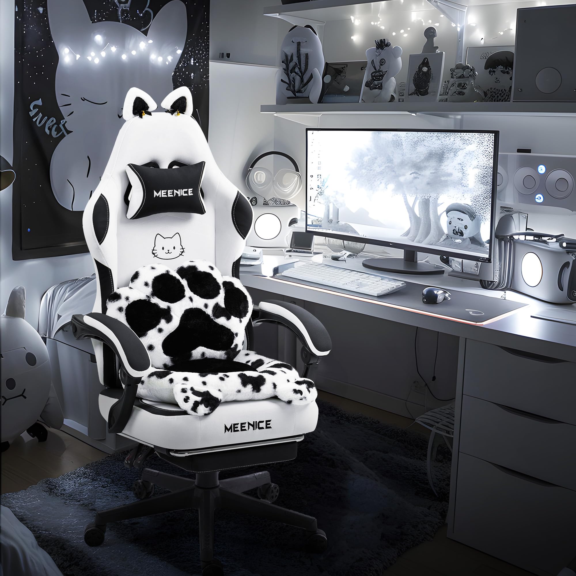 Pink Gaming Chair Cute with Cat Ears Paw Lumbar and Cushion,Ergonomic Computer Chair with Footrest,Reclining PC Game Chair for Girl Computer Chair 300lbs for Adult thumbnail 1