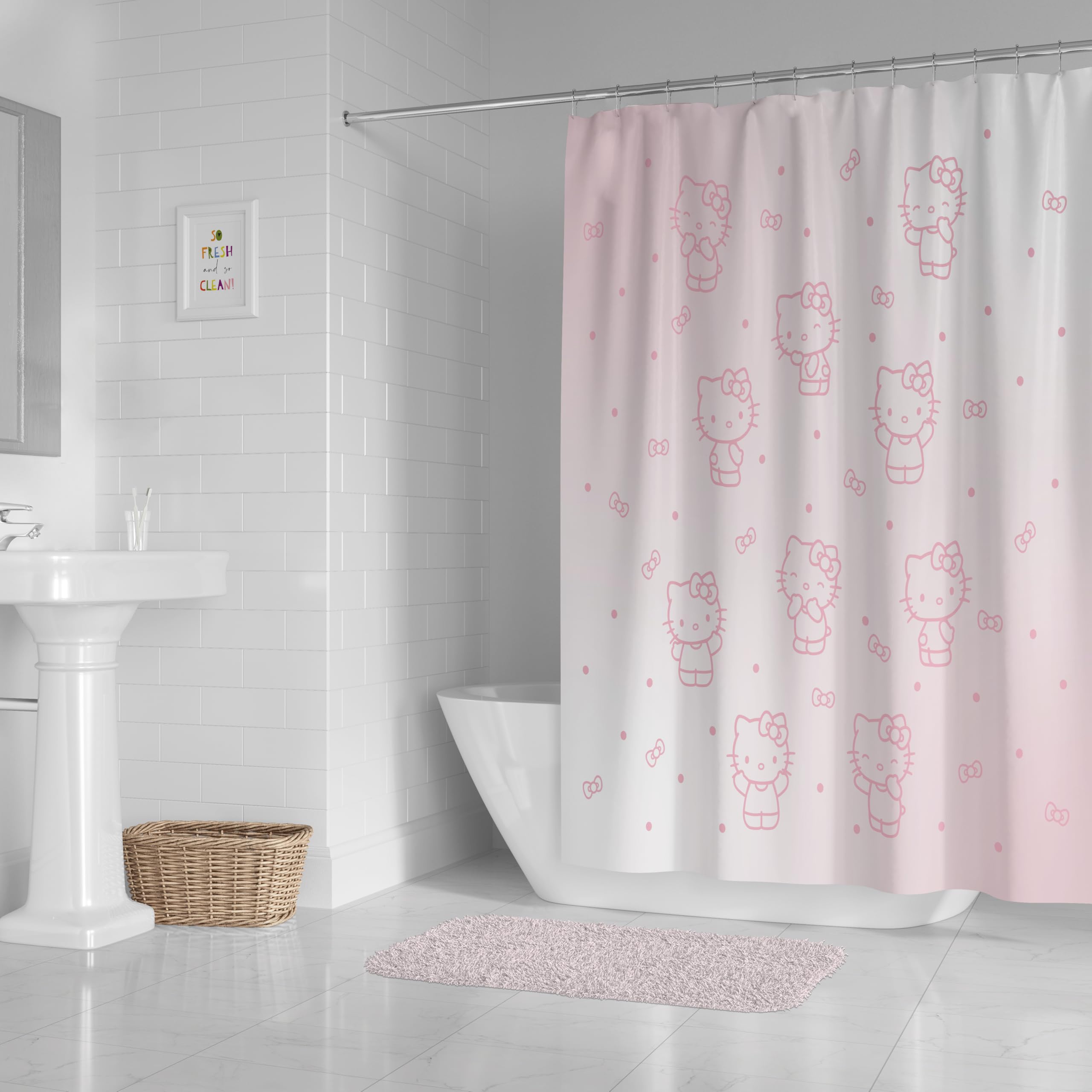 Jay Franco Sanrio Hello Kitty Shower Curtain - Pink Ombre Stars Kawaii Bathroom Décor - 70 x 72 Inch Washable Fabric Curtain